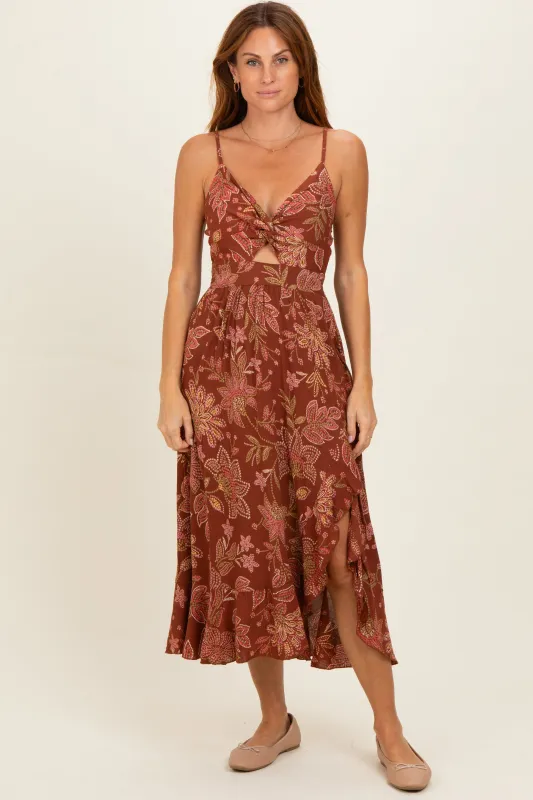 Brown V Neck Twist Front Cut Out Side Ruffle Slit Midi Dress made by Angie