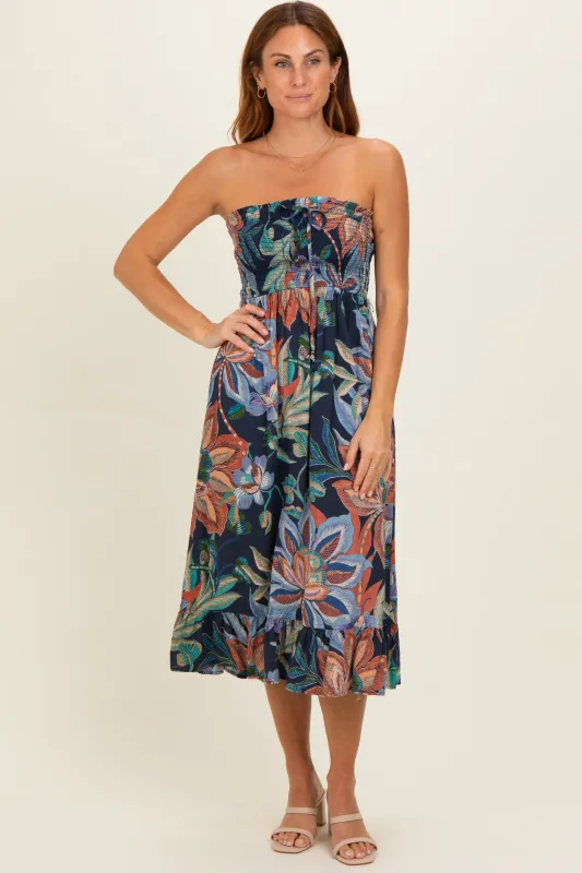 Navy Smocked Bodice Strapless Printed Midi Dress made by Angie