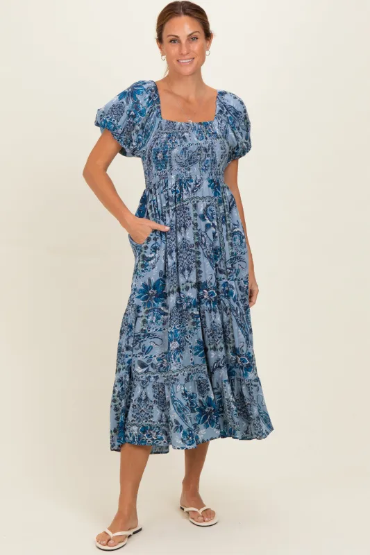 Blue Smocked Bodice Puff Sleeve Printed Midi Dress made by Angie