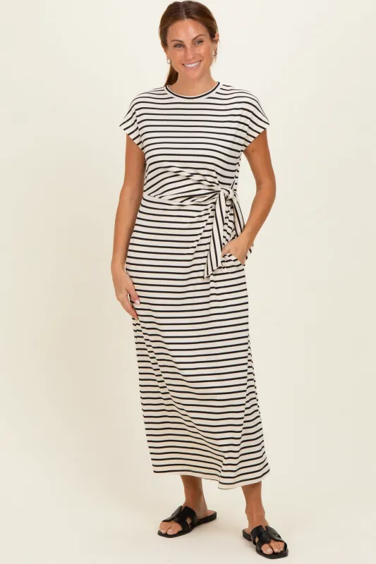 Cream Striped Side Tie Midi Dress made by entro