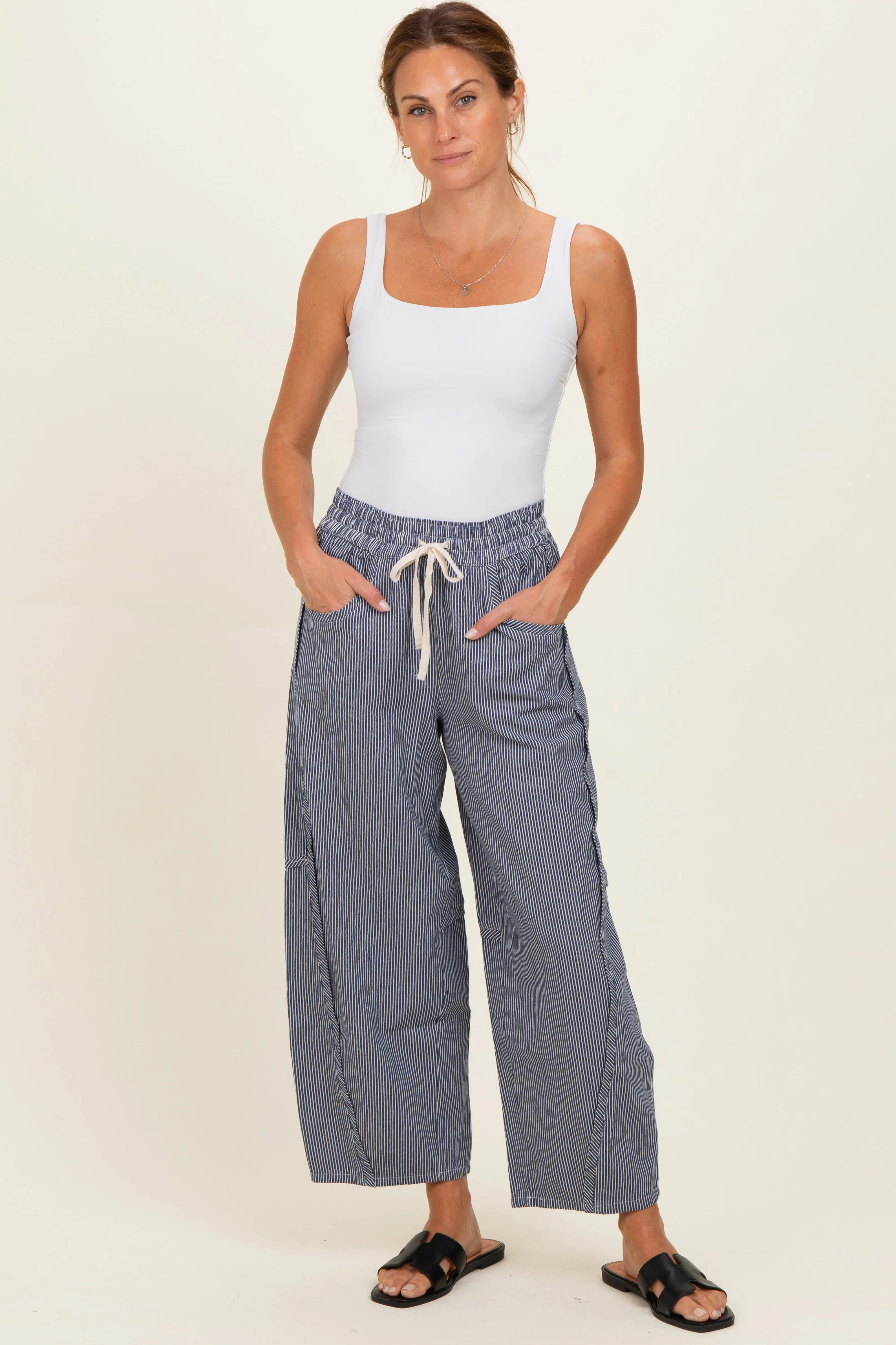Navy Striped Relaxed Fit Pants sold by Pinkblush
