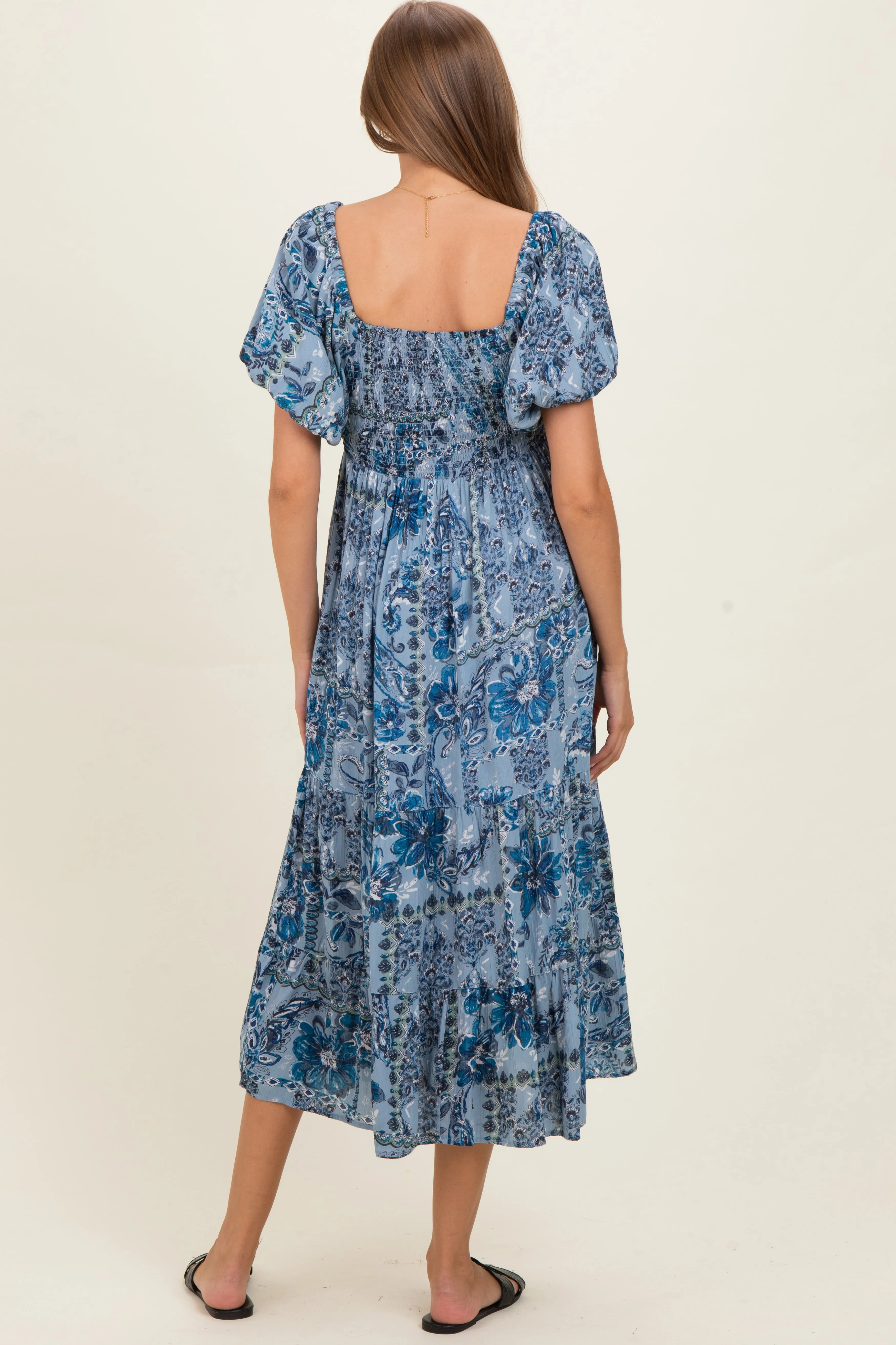 Blue Smocked Bodice Puff Sleeve Printed Maternity Midi Dress sold by Pinkblush product image thumbnail 3