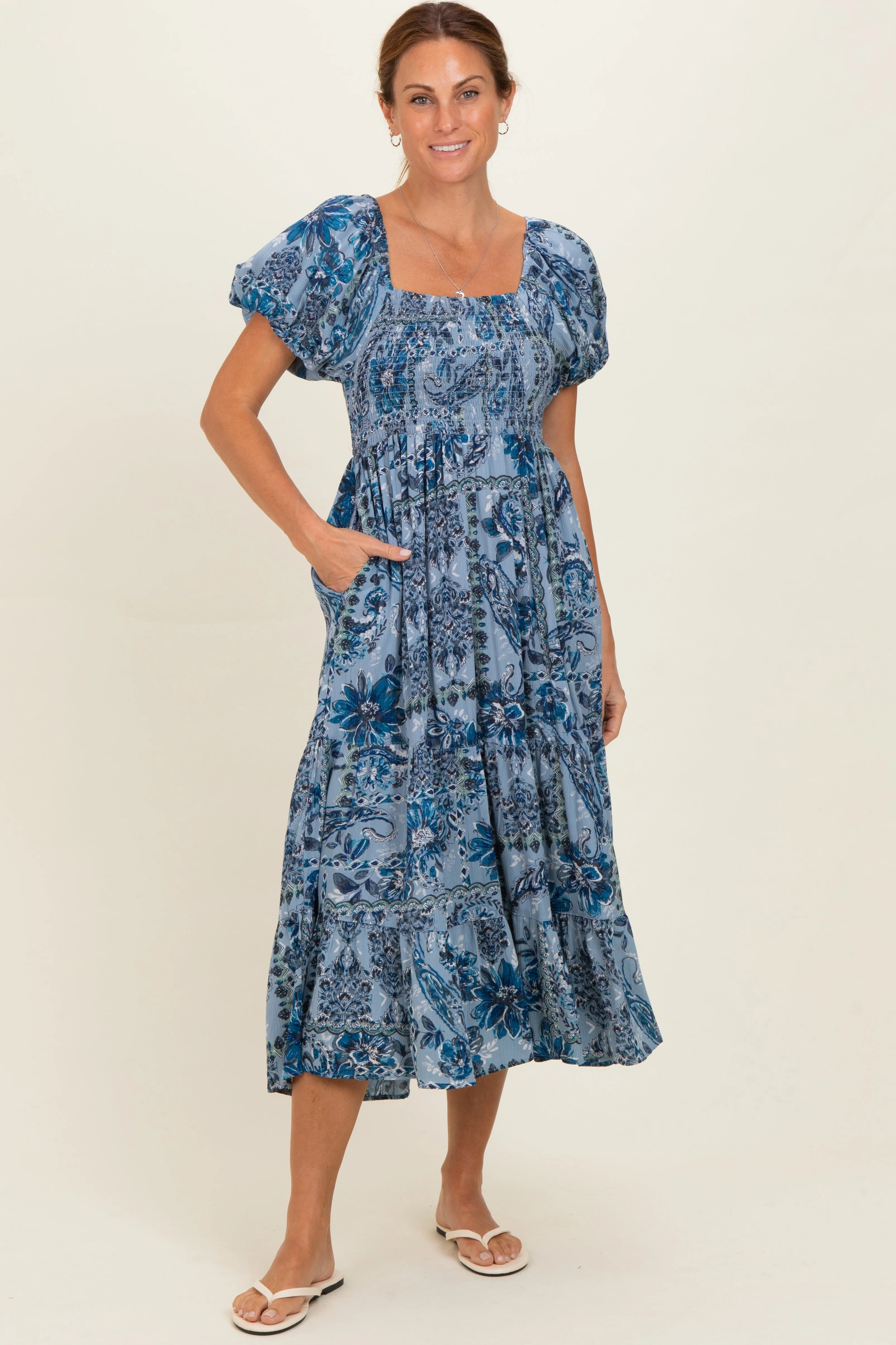 Blue Smocked Bodice Puff Sleeve Printed Maternity Midi Dress sold by Pinkblush product image thumbnail 4