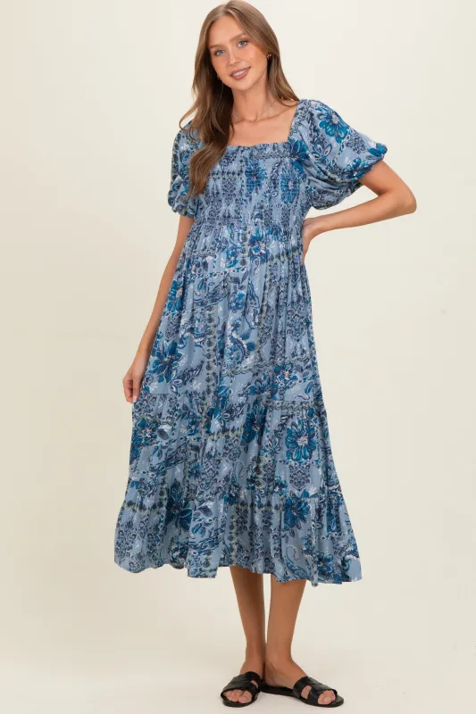 Blue Smocked Bodice Puff Sleeve Printed Maternity Midi Dress made by Angie