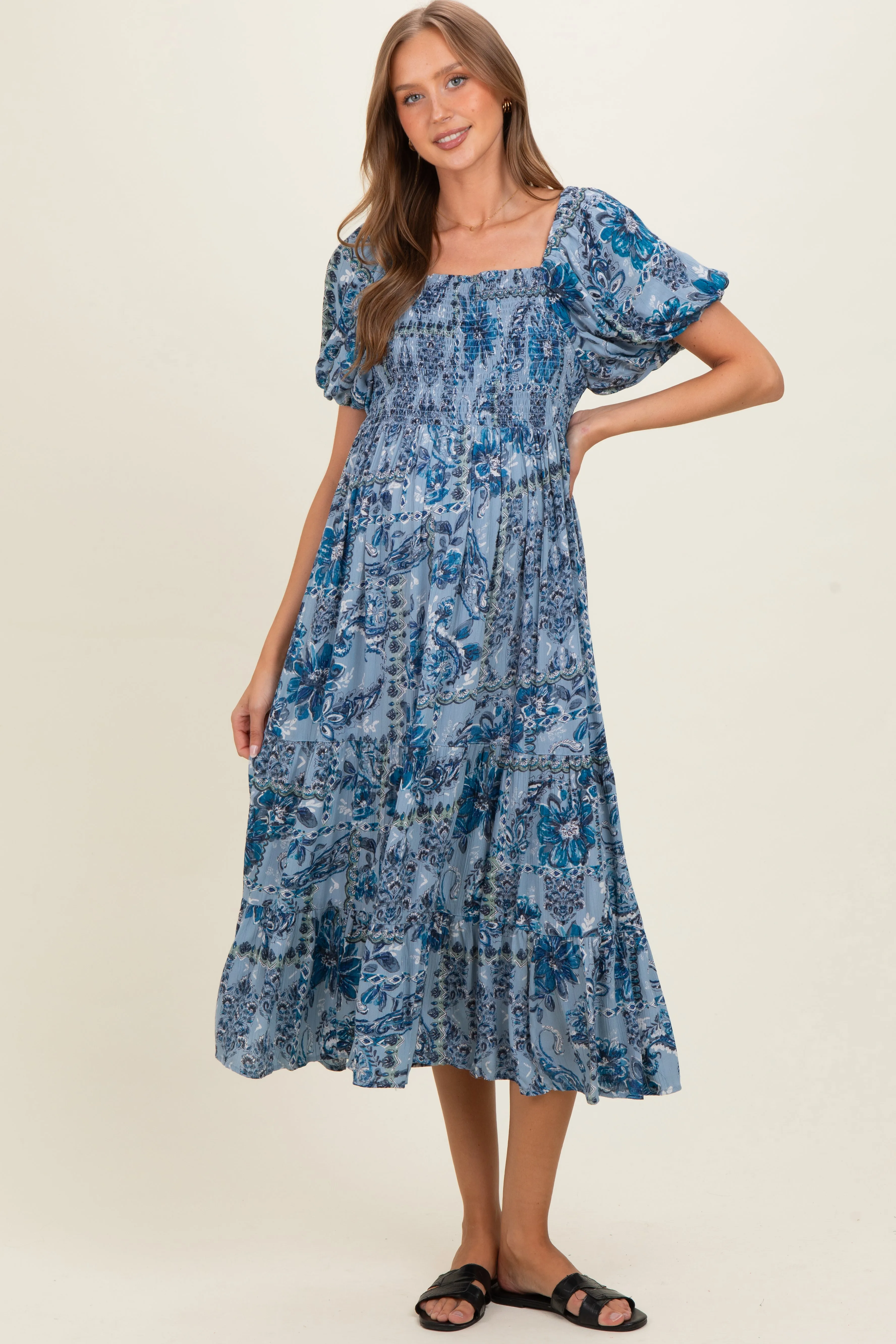 Blue Smocked Bodice Puff Sleeve Printed Maternity Midi Dress sold by Pinkblush