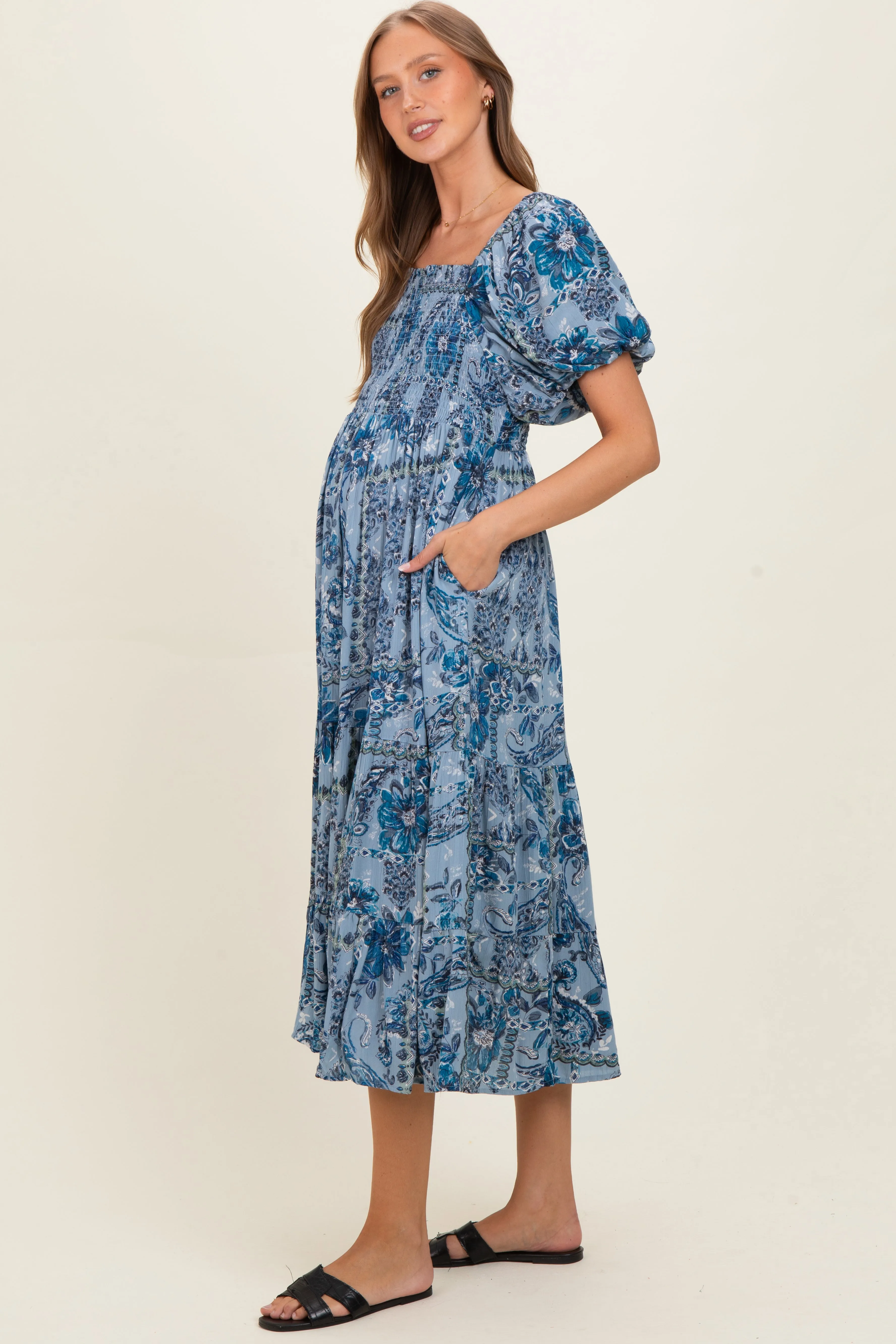 Blue Smocked Bodice Puff Sleeve Printed Maternity Midi Dress sold by Pinkblush product image thumbnail 2