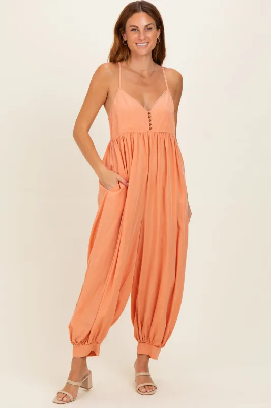 Apricot Mineral Wash Sleeveless V-Neck Jumpsuit made by Pinkblush