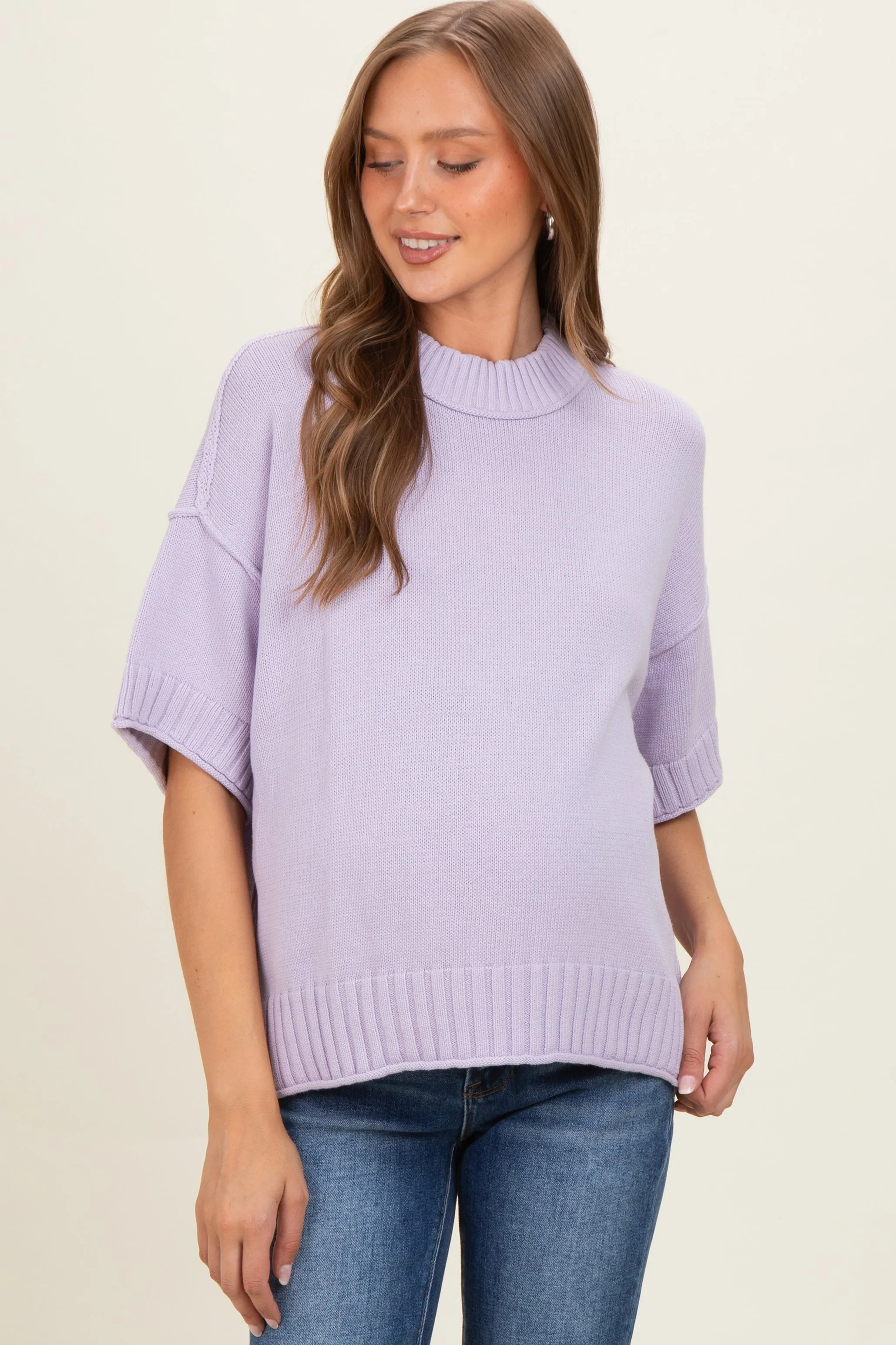 Lavender Oversized Mock Neck Short Sleeve Maternity Sweater sold by Pinkblush