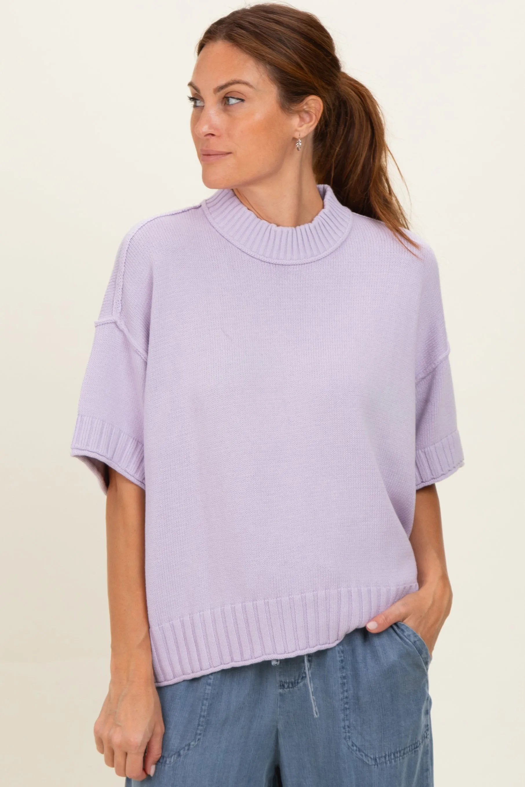 Lavender Oversized Mock Neck Short Sleeve Maternity Sweater sold by Pinkblush product image thumbnail 5