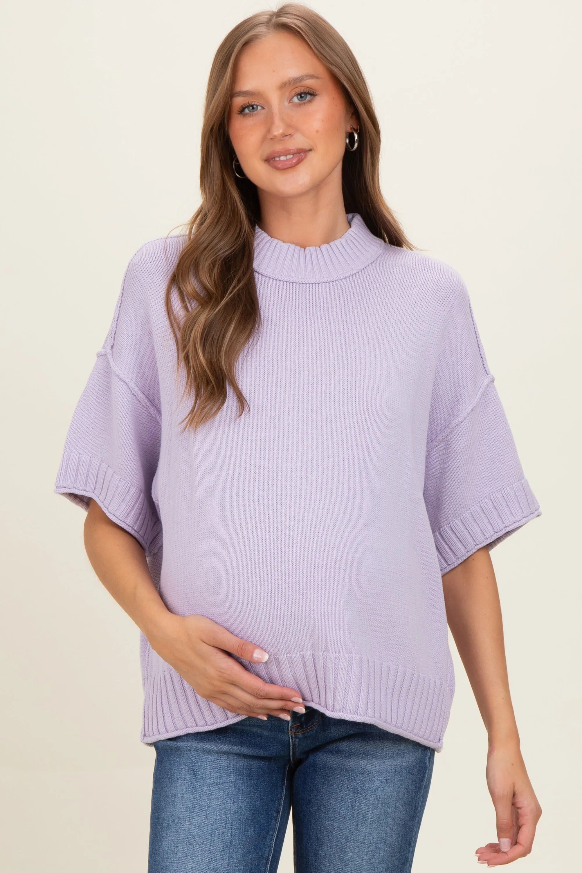 Lavender Oversized Mock Neck Short Sleeve Maternity Sweater sold by Pinkblush product image thumbnail 2