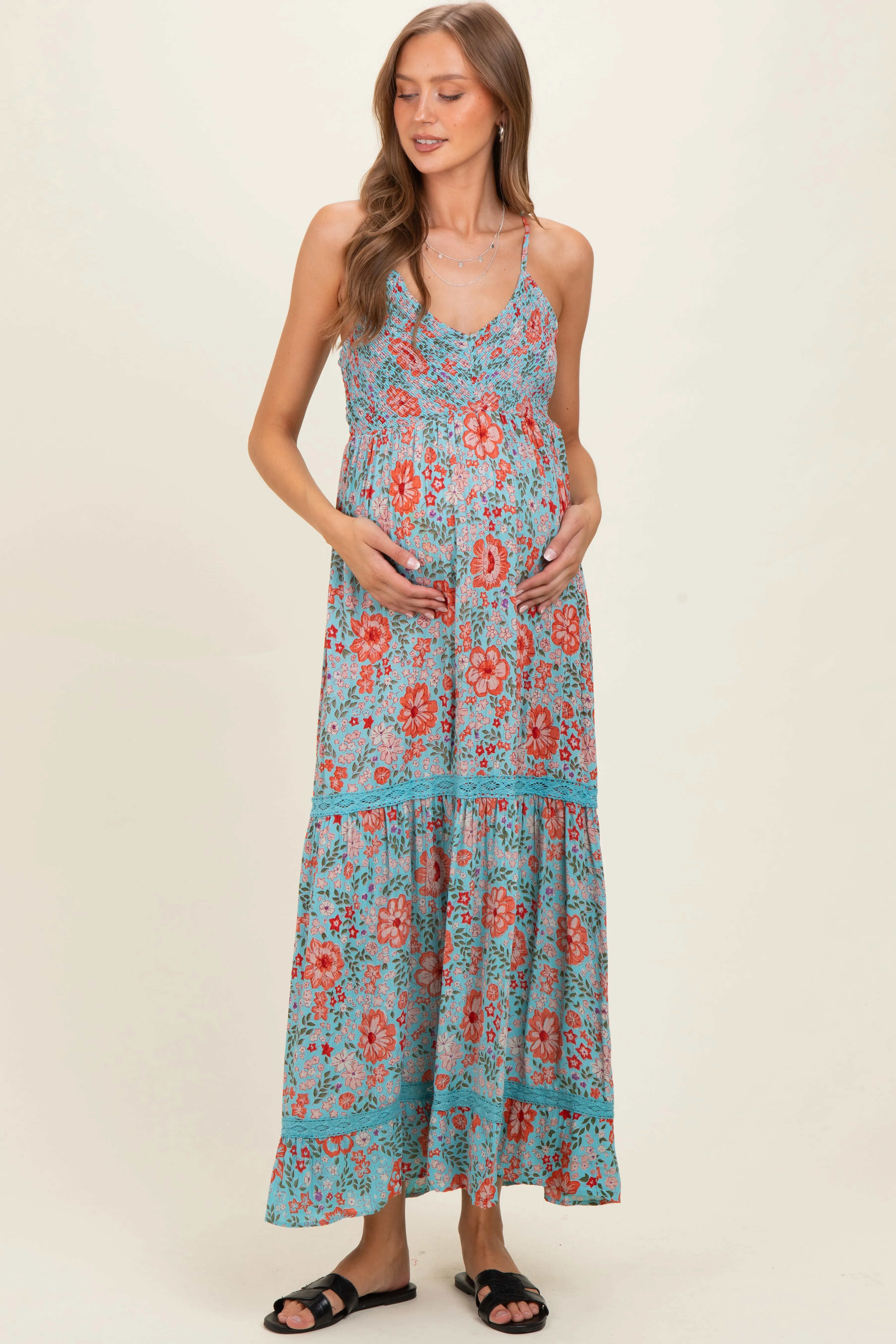 Mint Smocked Bust V Neck Lace Trim Maternity Maxi Dress sold by Pinkblush product image thumbnail 2