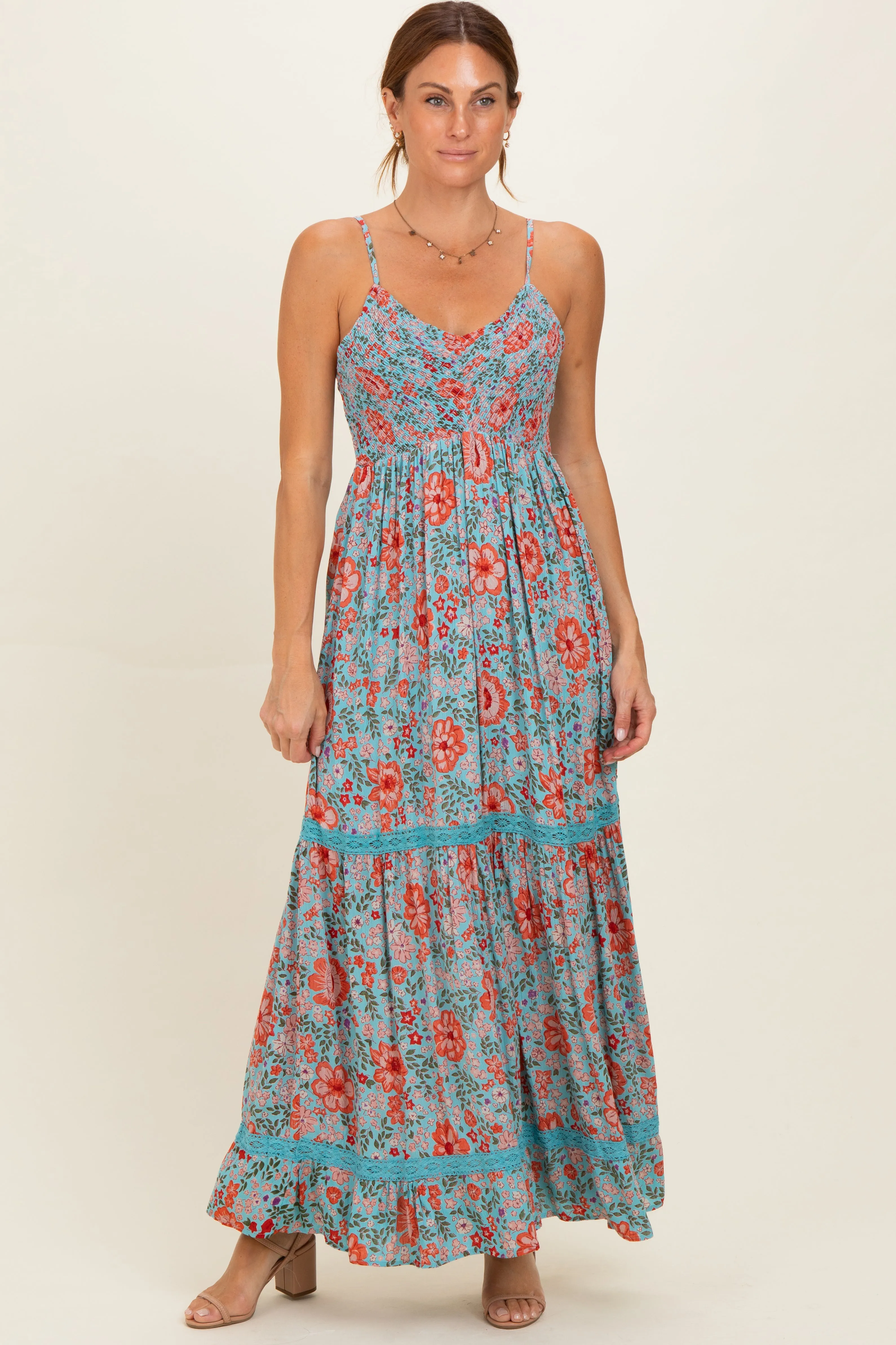Mint Smocked Bust V Neck Lace Trim Maternity Maxi Dress sold by Pinkblush product image thumbnail 4