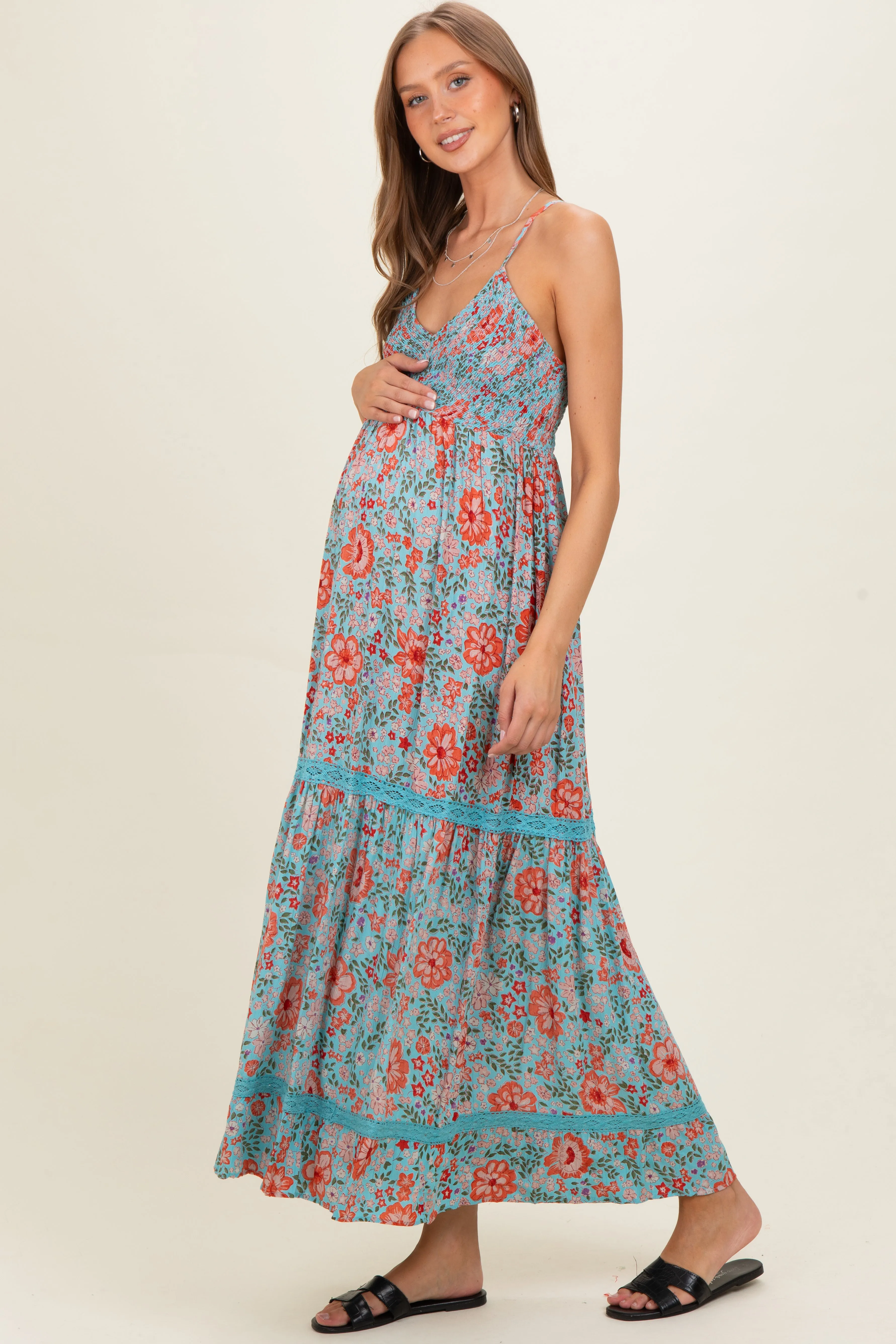 Mint Smocked Bust V Neck Lace Trim Maternity Maxi Dress sold by Pinkblush