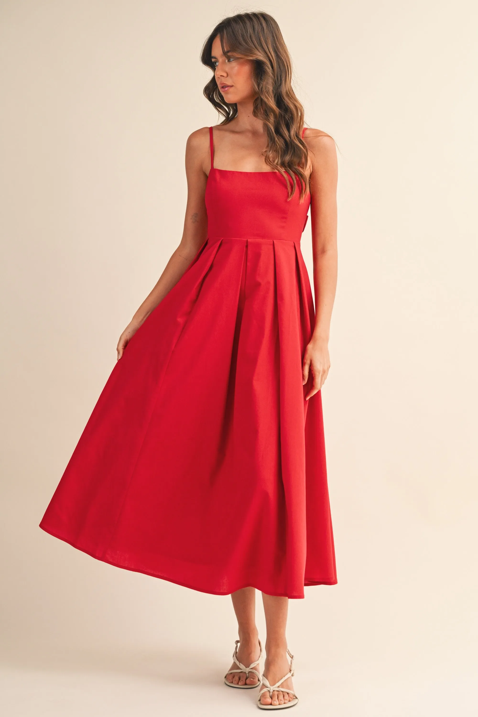 Red Linen Sleeveless Tie Back Flared Maternity Midi Dress sold by Pinkblush product image thumbnail 4