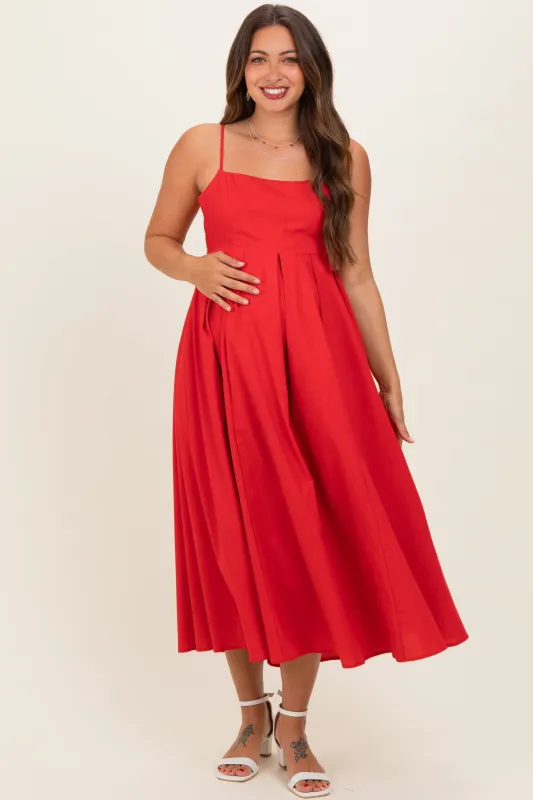 Red Linen Sleeveless Tie Back Flared Maternity Midi Dress made by Klesis