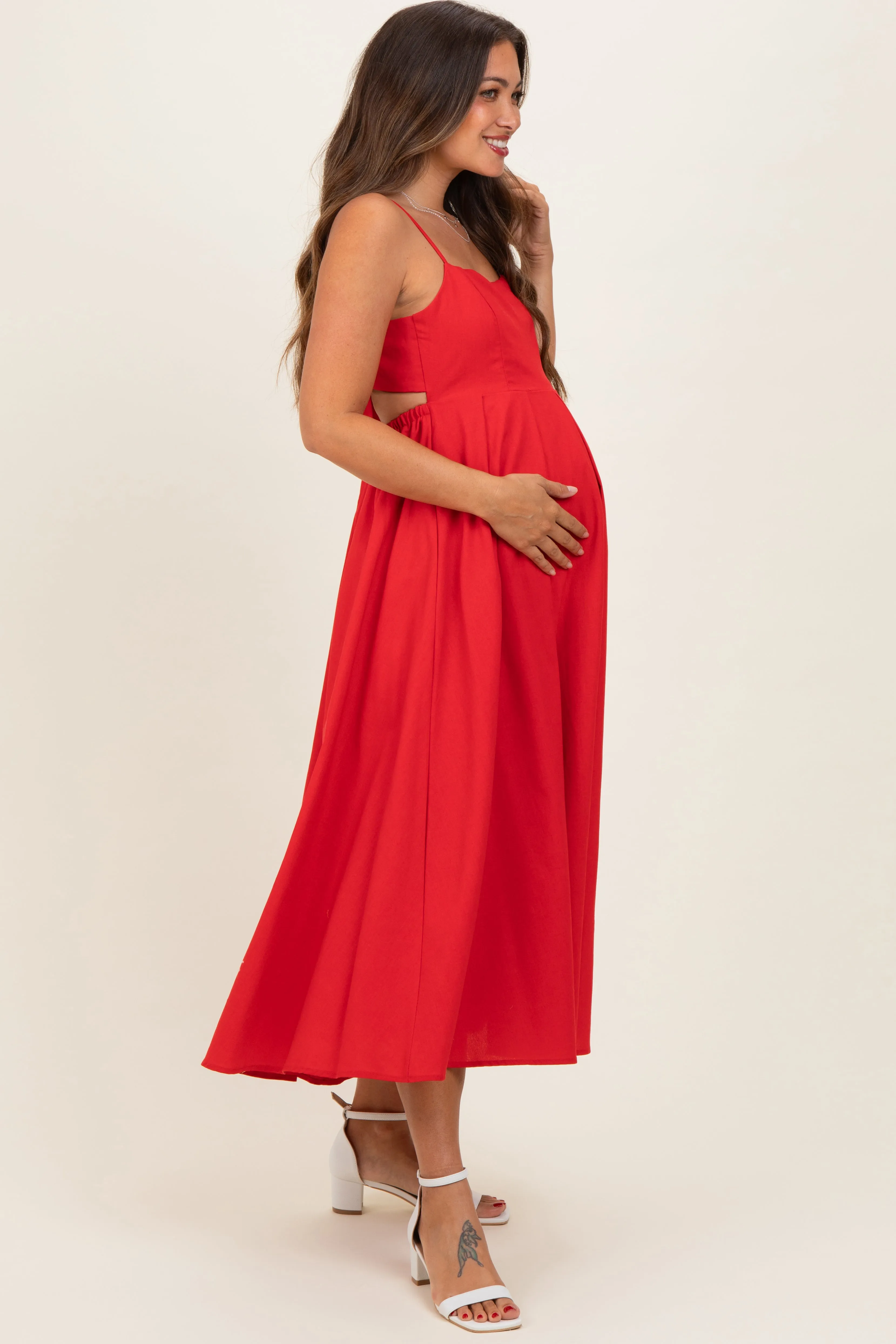 Red Linen Sleeveless Tie Back Flared Maternity Midi Dress sold by Pinkblush product image thumbnail 2