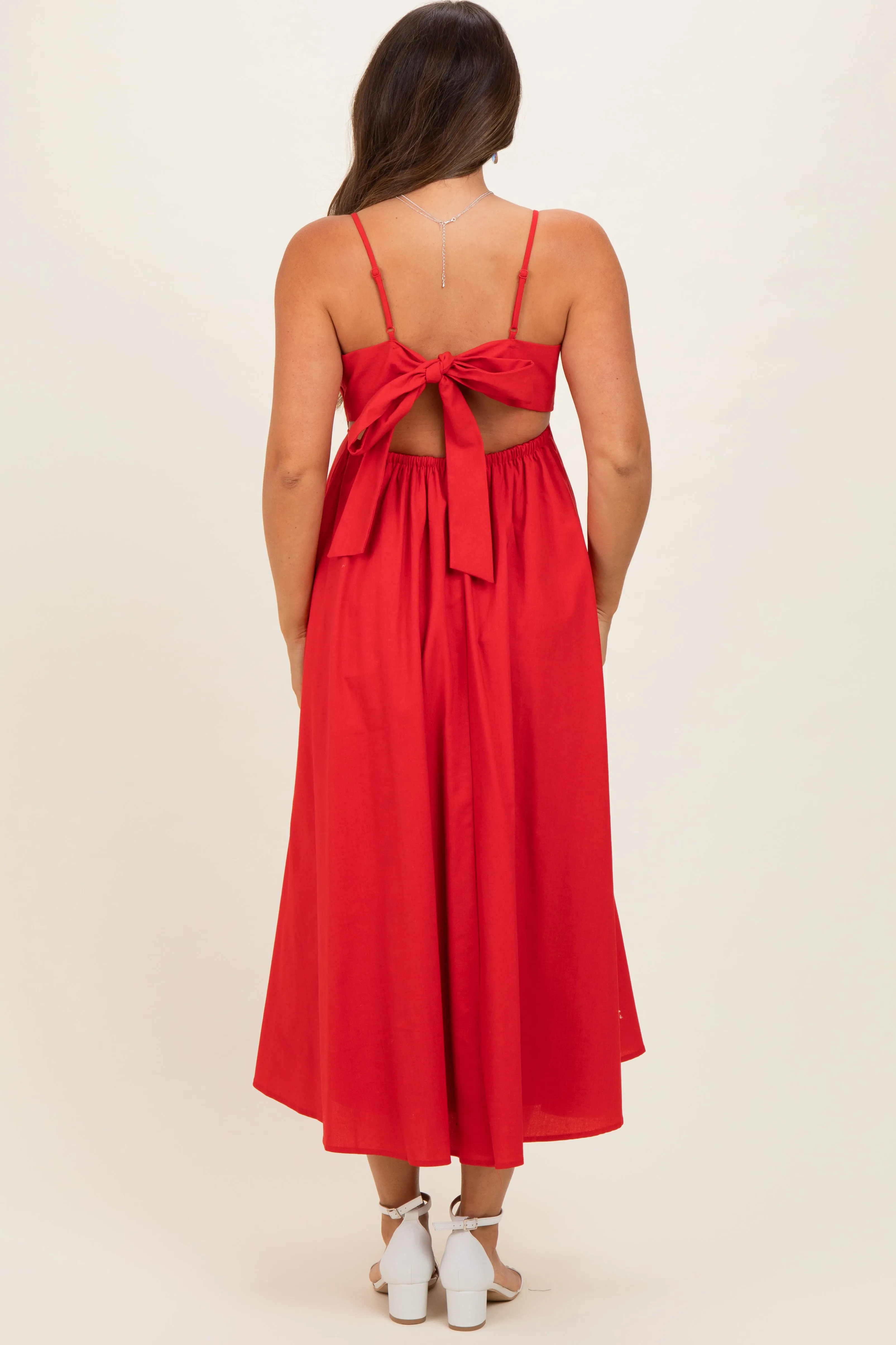 Red Linen Sleeveless Tie Back Flared Maternity Midi Dress sold by Pinkblush product image thumbnail 3