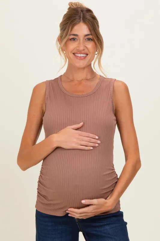 Mocha Ribbed Sleeveless Ruched Maternity Top made by Pinkblush