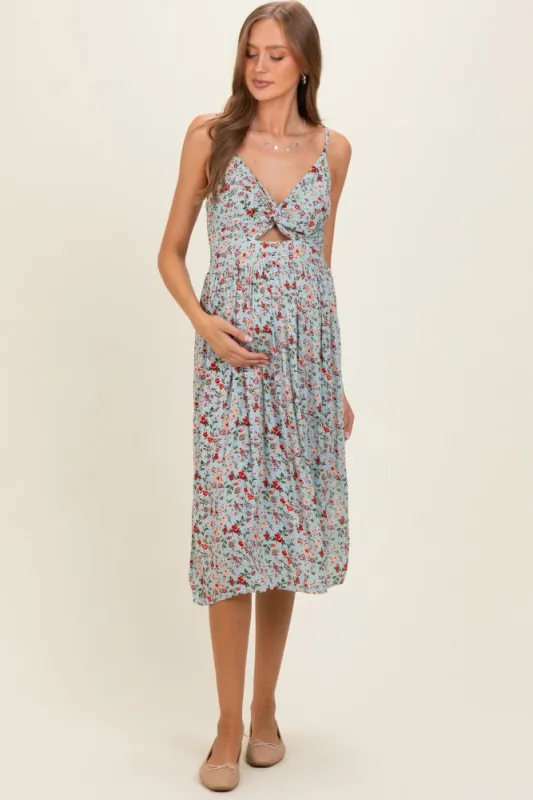 Aqua Floral Twisted Front Cutout Maternity Midi Dress made by Angie