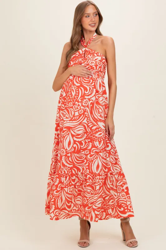 Coral Printed Halter Neck Keyhole Maternity Maxi Dress made by Skies Are Blue