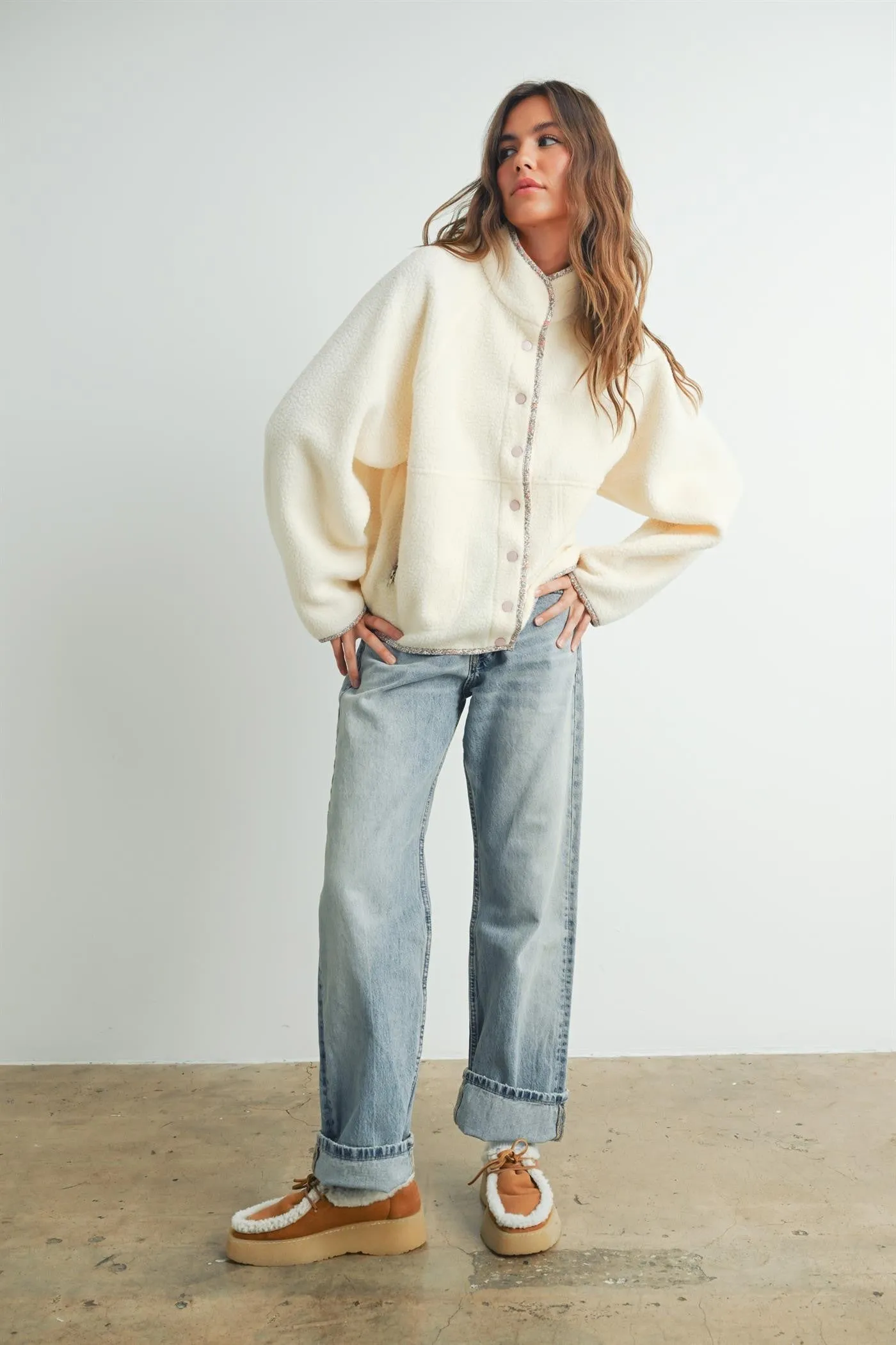 Ivory Floral Trim Fleece Snap Button Jacket sold by Pinkblush product image thumbnail 5