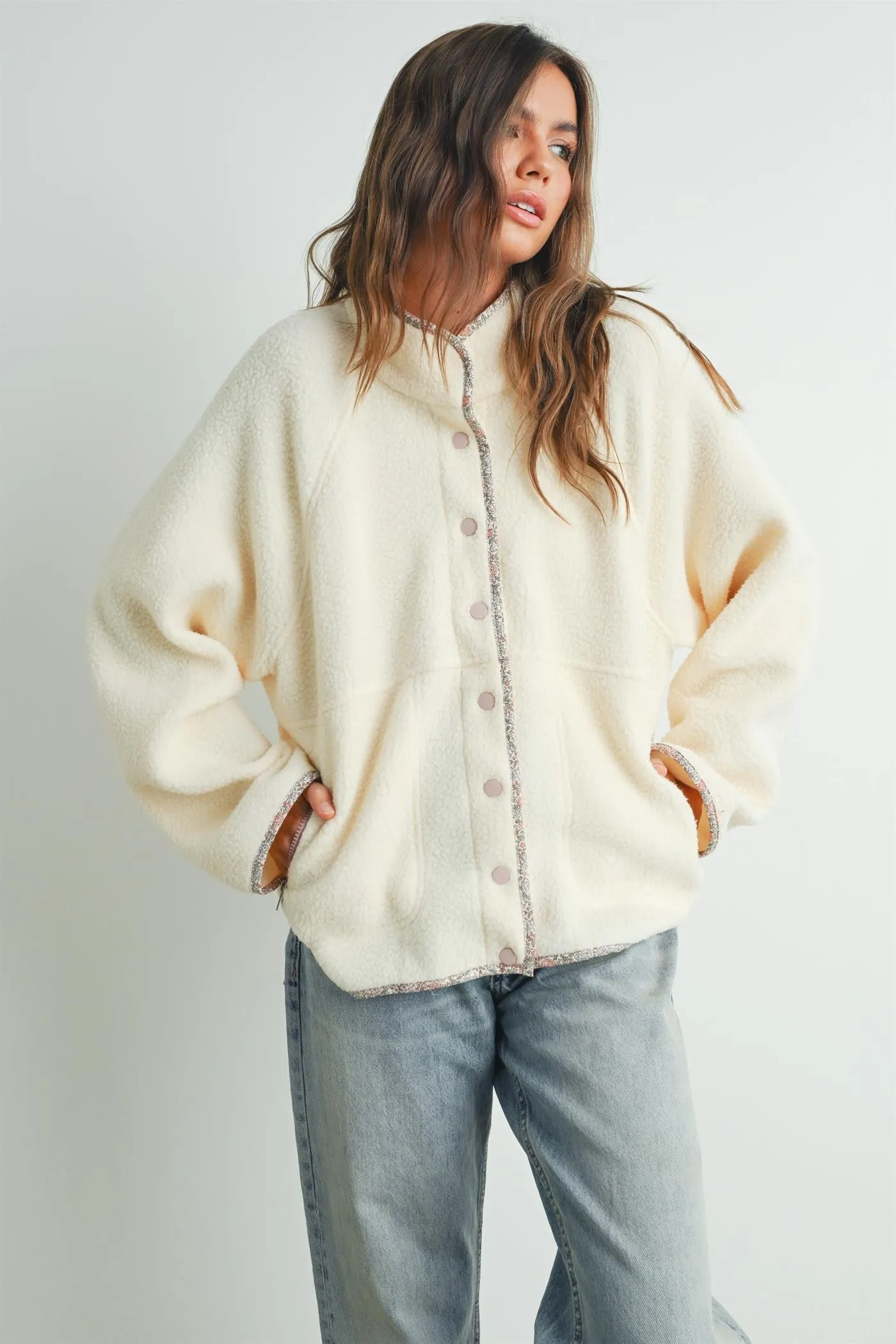 Ivory Floral Trim Fleece Snap Button Jacket sold by Pinkblush product image thumbnail 2