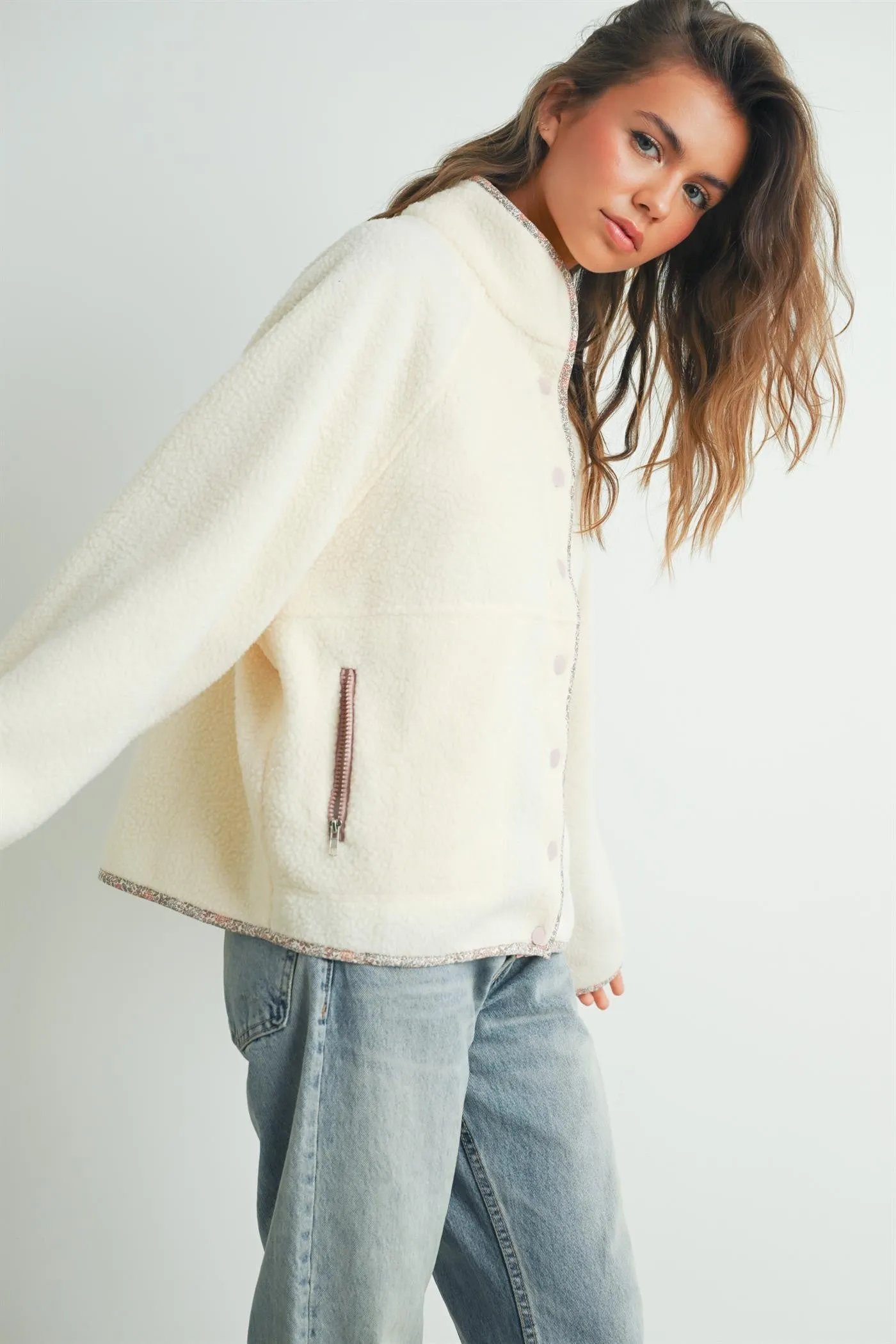 Ivory Floral Trim Fleece Snap Button Jacket sold by Pinkblush product image thumbnail 3