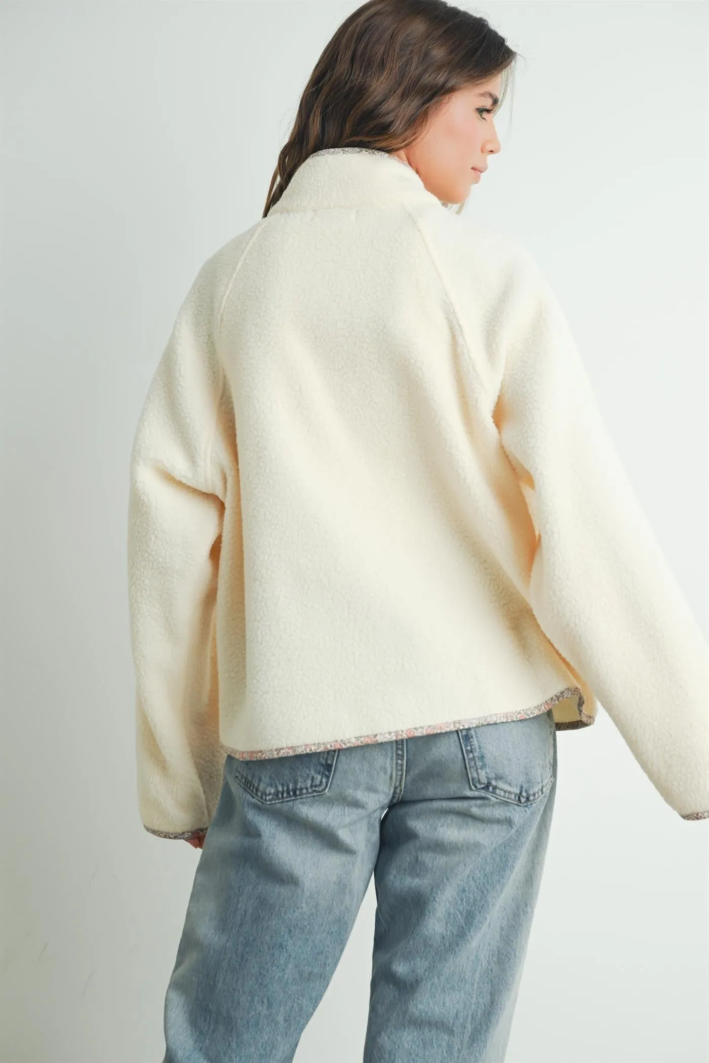 Ivory Floral Trim Fleece Snap Button Jacket sold by Pinkblush product image thumbnail 4