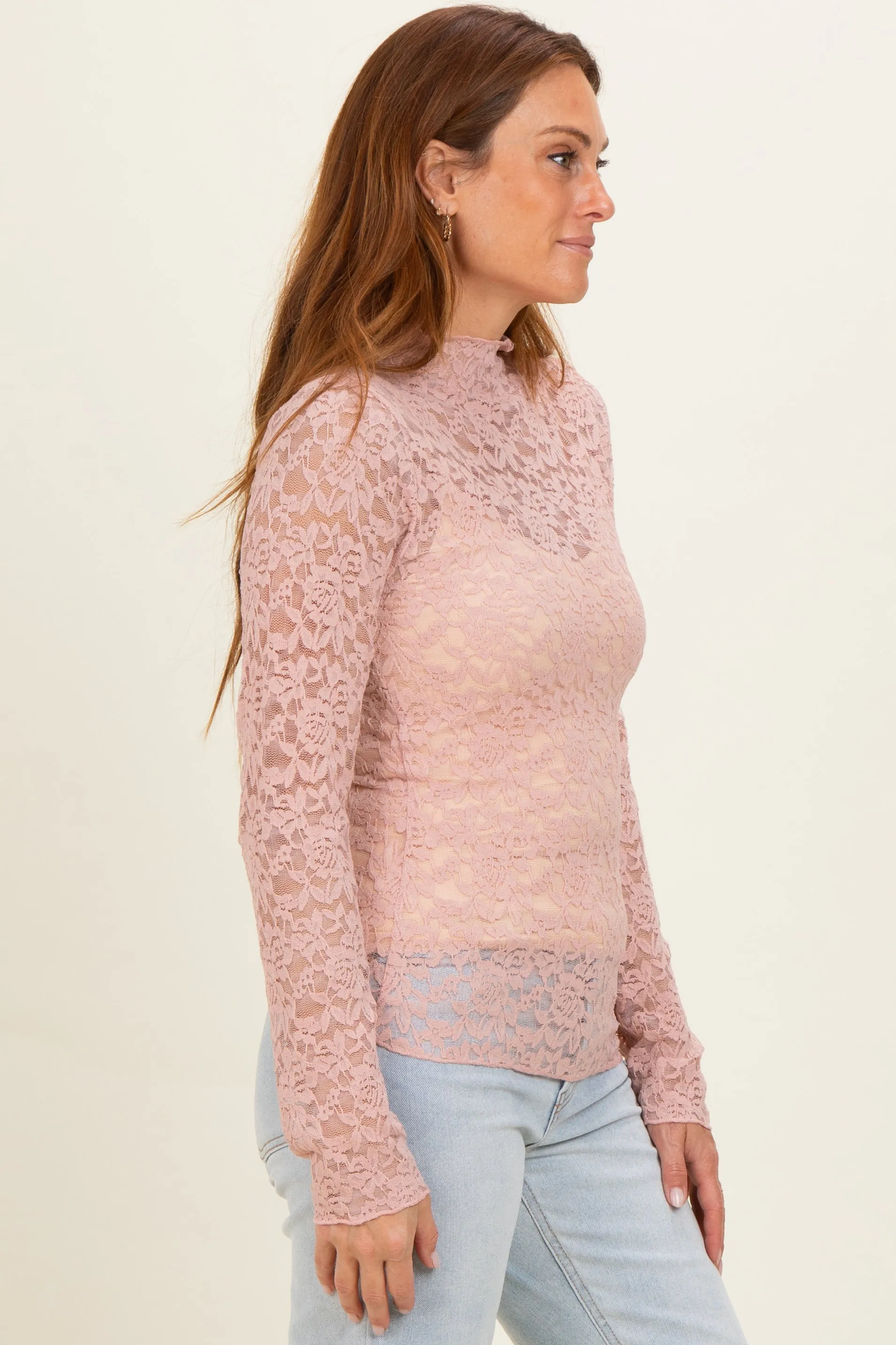 Dusty Mauve High Neck Fitted Sheer Lace Top sold by Pinkblush product image thumbnail 3
