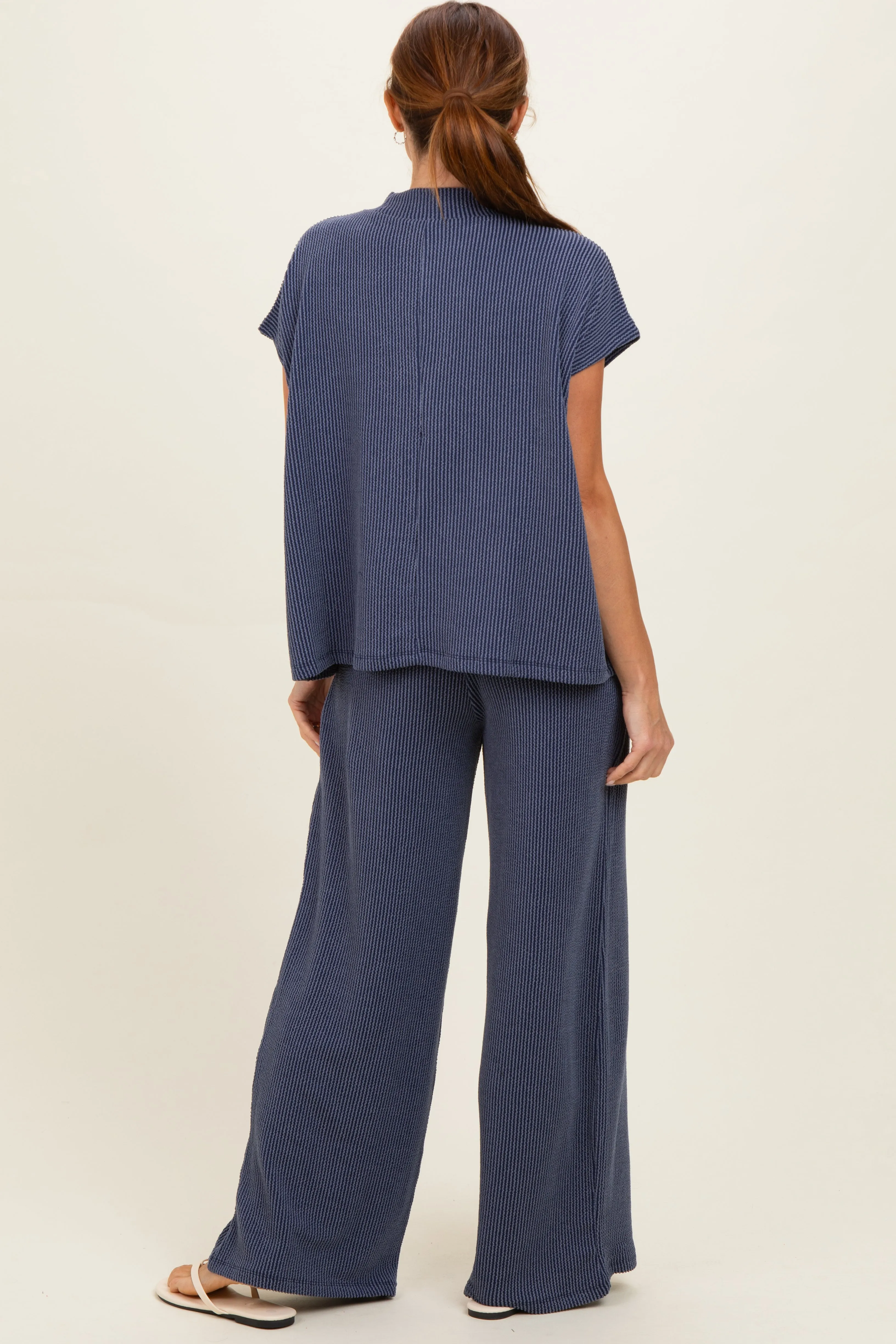 Navy Textured Rib Mock Neck Short Sleeve Pant Set sold by Pinkblush product image thumbnail 3