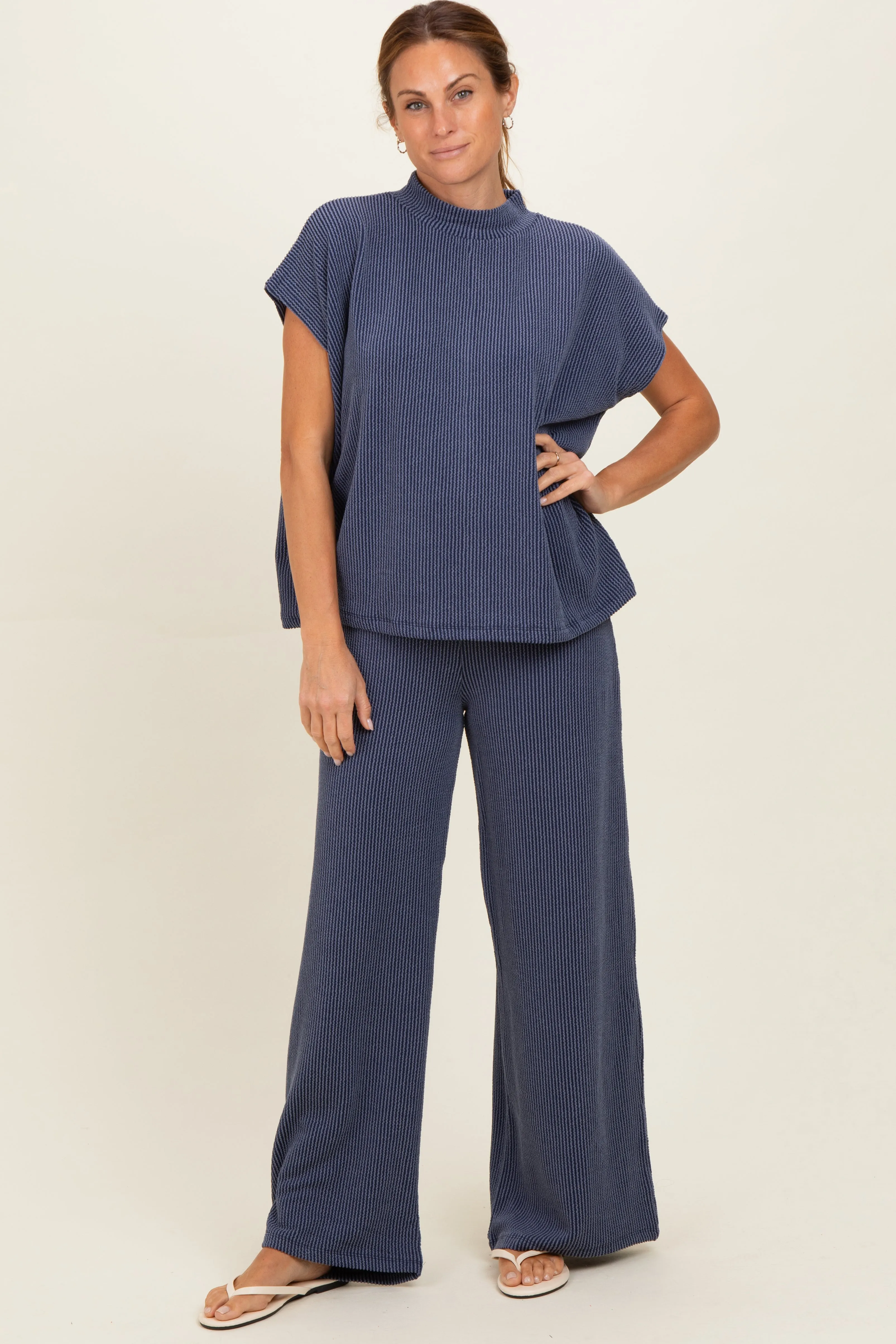 Navy Textured Rib Mock Neck Short Sleeve Pant Set sold by Pinkblush
