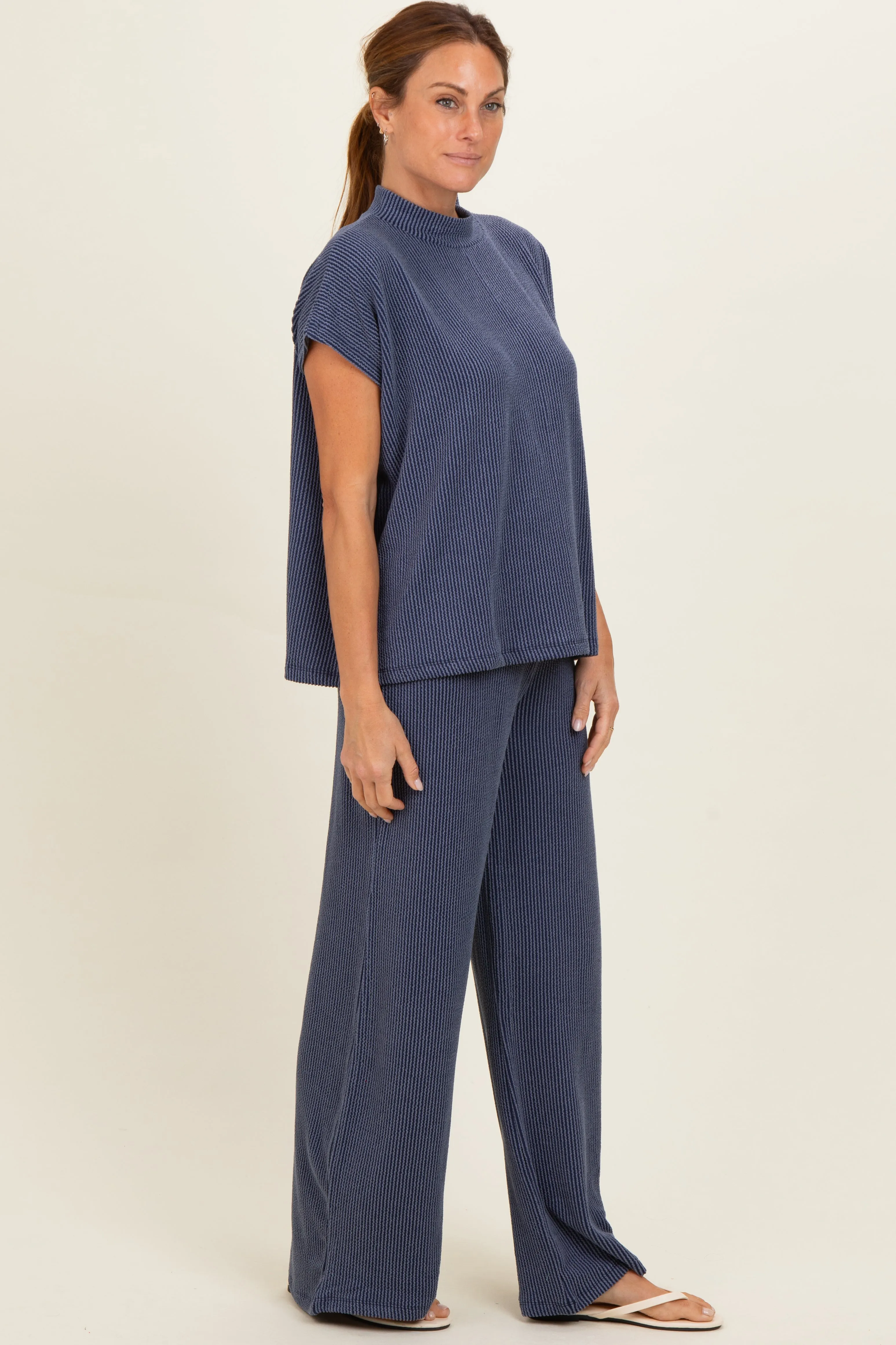Navy Textured Rib Mock Neck Short Sleeve Pant Set sold by Pinkblush product image thumbnail 2