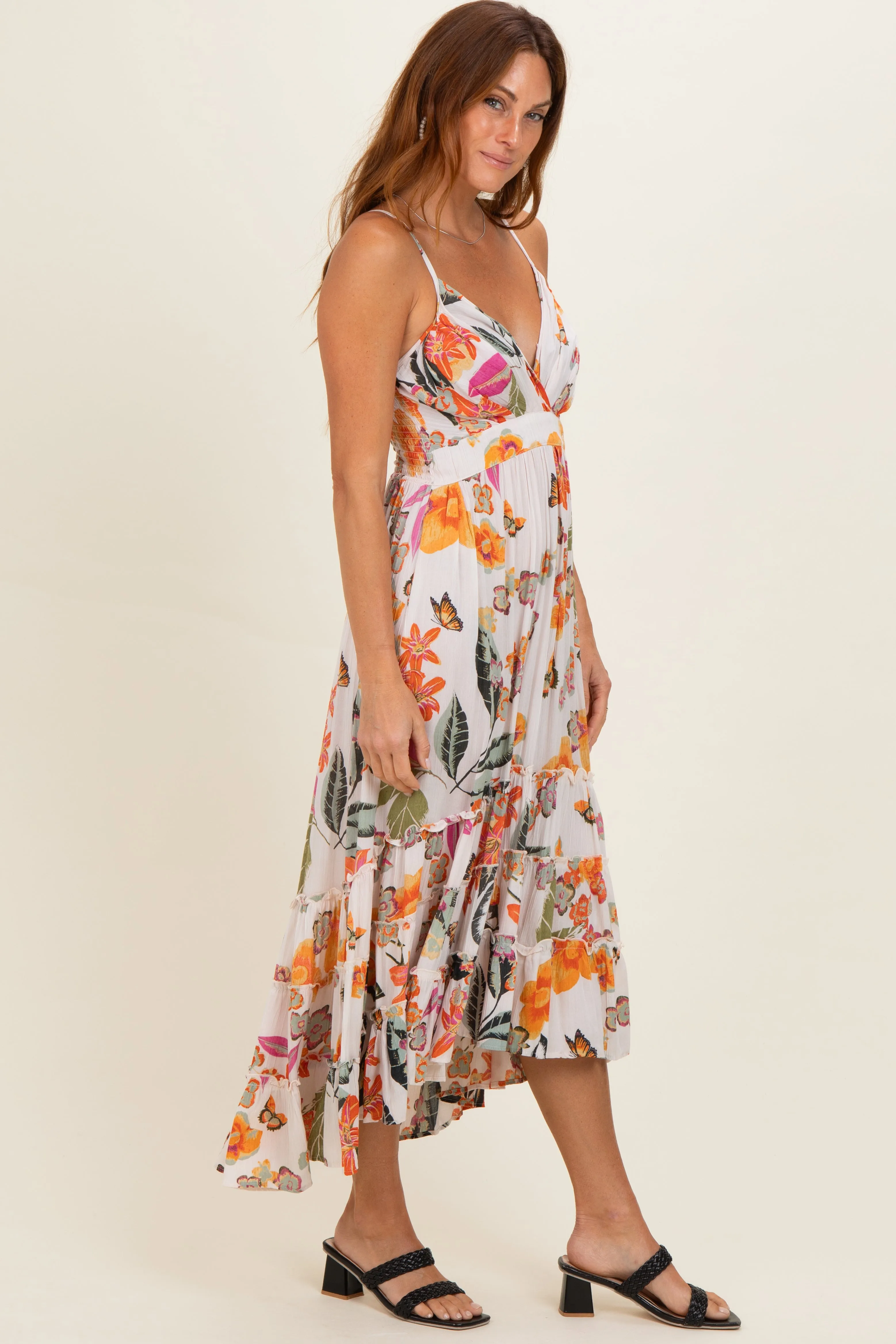 Ivory Floral V-Neck Tiered Hem Midi Dress sold by Pinkblush product image thumbnail 2