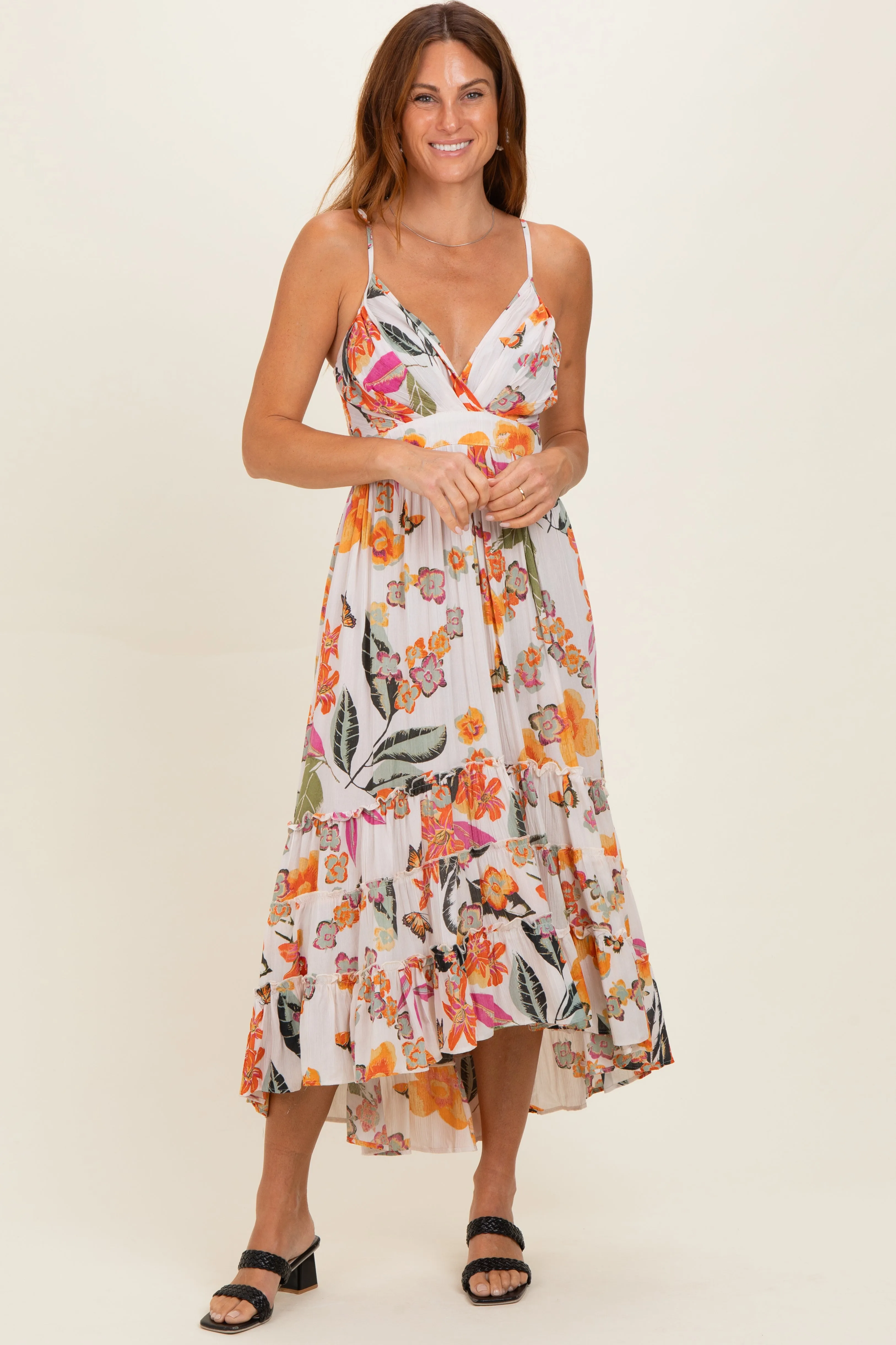 Ivory Floral V-Neck Tiered Hem Midi Dress sold by Pinkblush