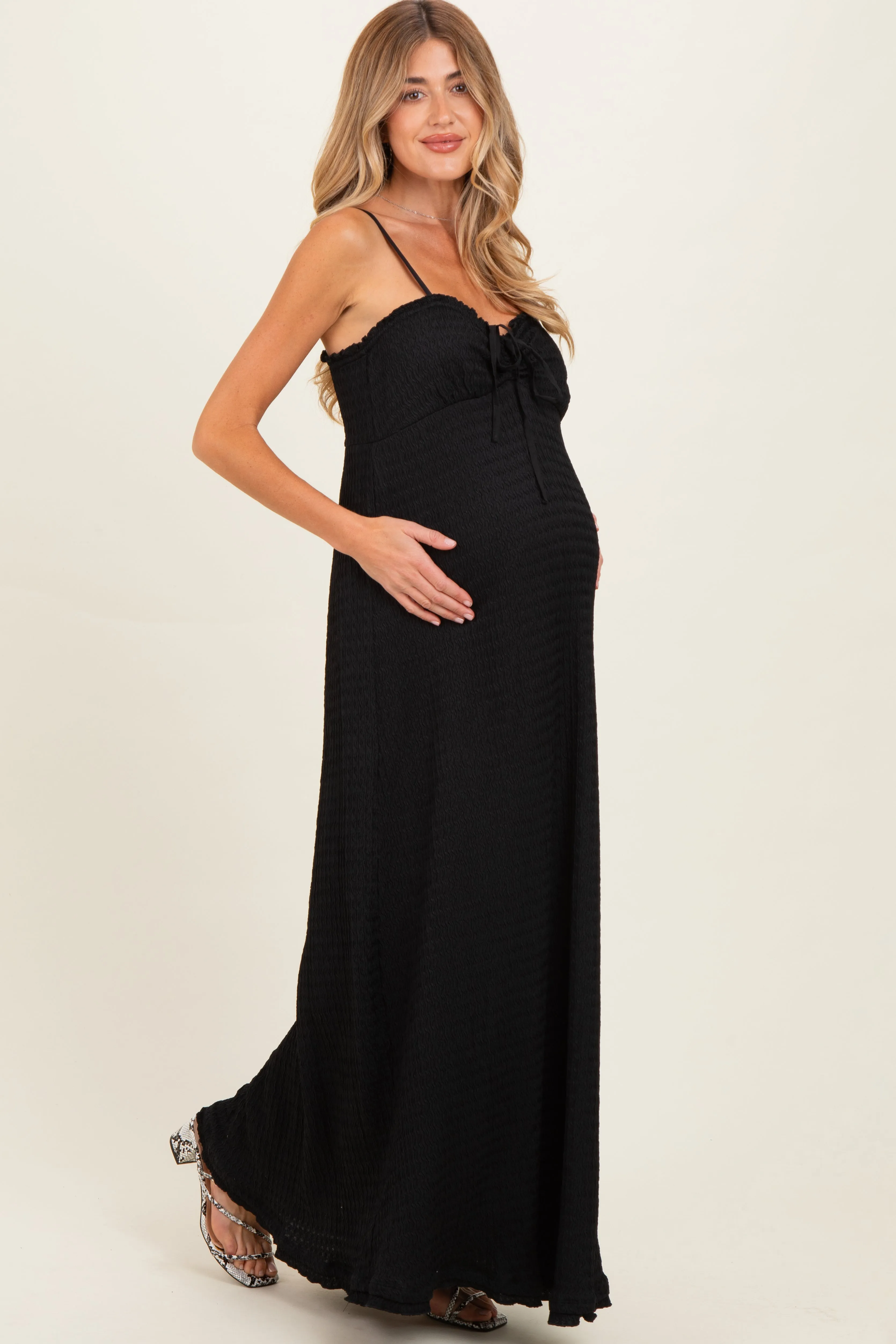 Black Waffle Knit Sweetheart Neckline Sleeveless Maternity Maxi Dress sold by Pinkblush product image thumbnail 3