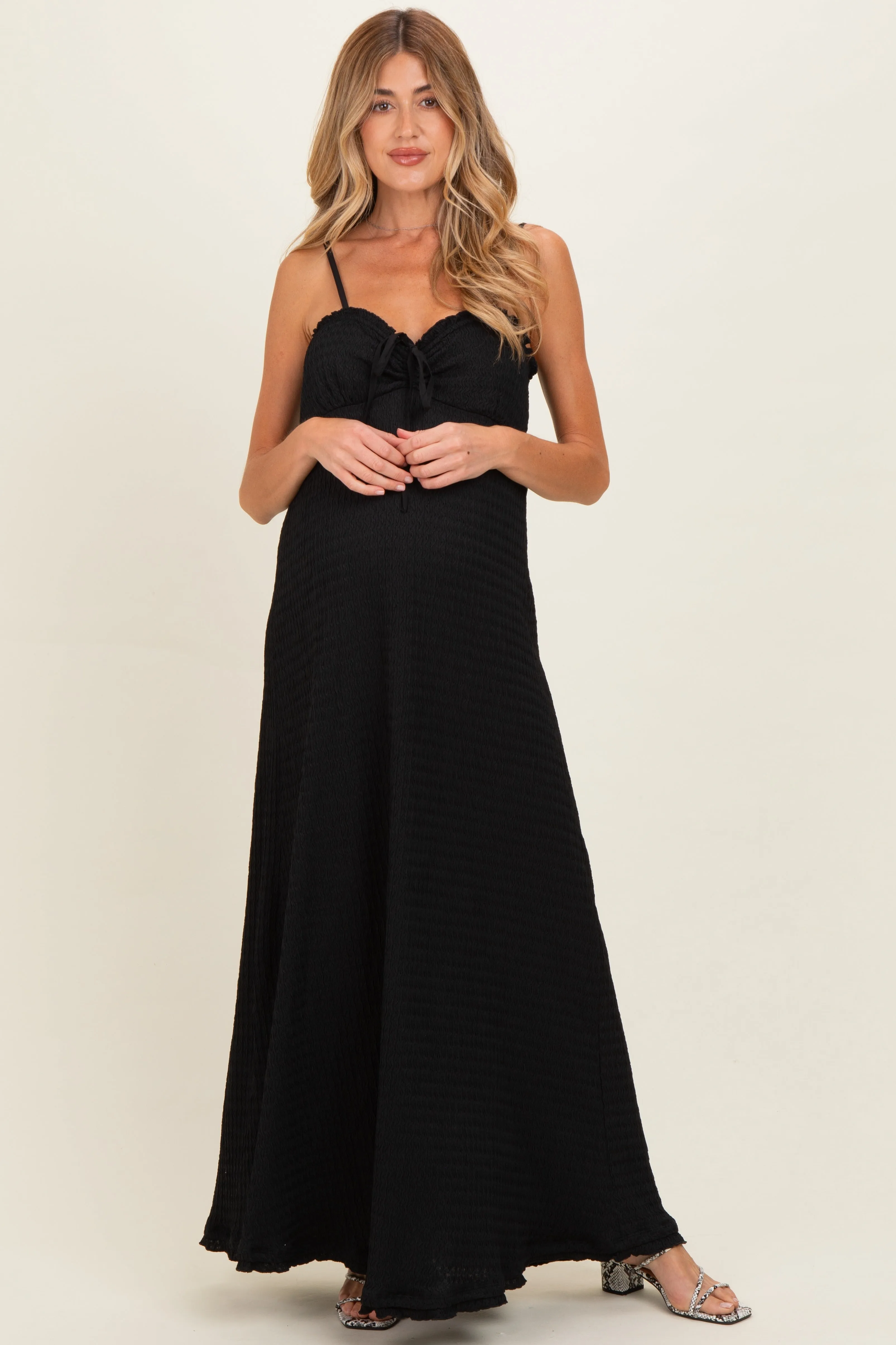 Black Waffle Knit Sweetheart Neckline Sleeveless Maternity Maxi Dress sold by Pinkblush product image thumbnail 2