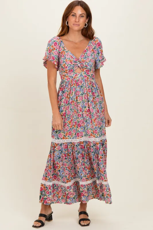 Ivory V Neck Twist Front Cut Out Floral Print Maxi Dress made by Angie
