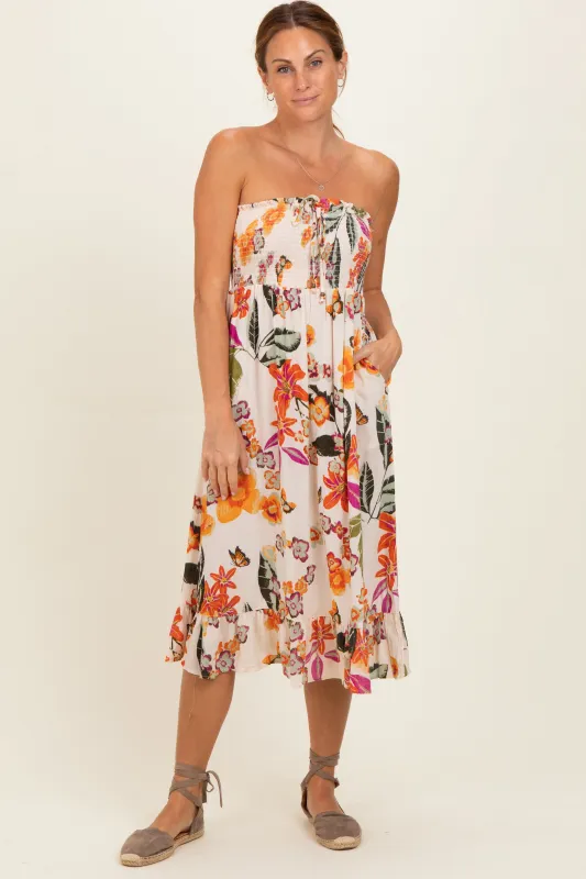 Ivory Smocked Bodice Strapless Printed Midi Dress made by Angie