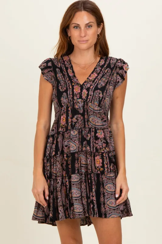 Black V Neck Smocked Bodice Flutter Sleeve Short Dress made by Angie