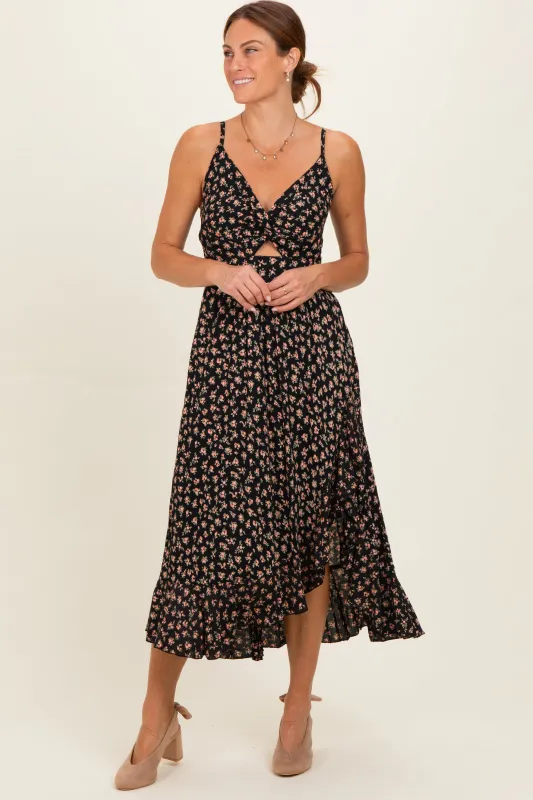 Black V Neck Twist Front Cut Out Side Ruffle Slit Midi Dress made by Angie