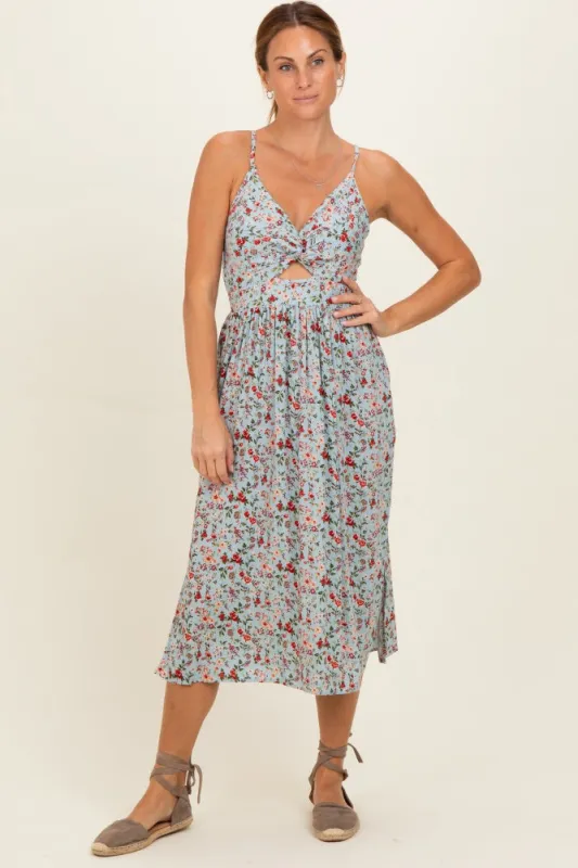 Aqua Floral Twisted Front Cutout Midi Dress made by Angie