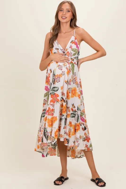 Ivory Floral V-Neck Tiered Hem Maternity Midi Dress made by Angie