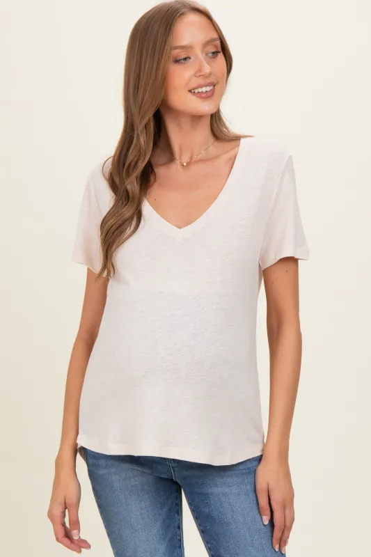 Natural Linen Blend V-Neck Short Sleeve Maternity T-Shirt made by BE COOL