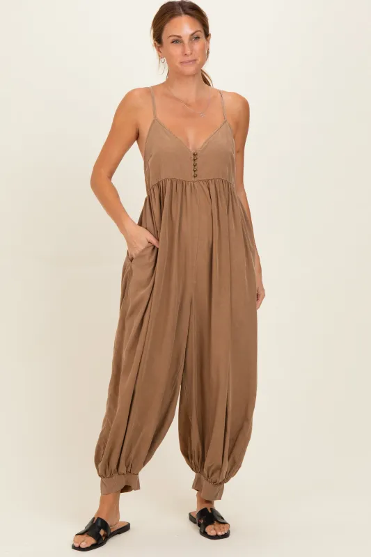 Mushroom Mineral Wash Sleeveless V-Neck Jumpsuit made by Pinkblush