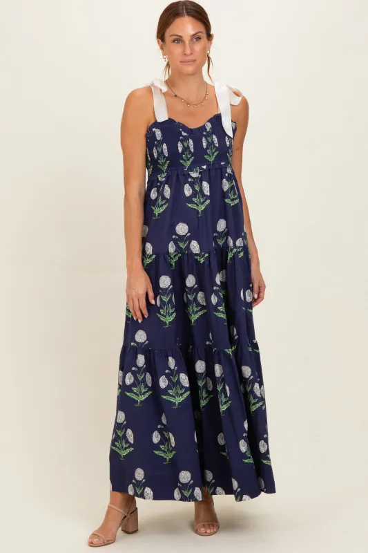 Navy Floral Sweetheart Neckline Smocked Maxi Dress made by Pinkblush