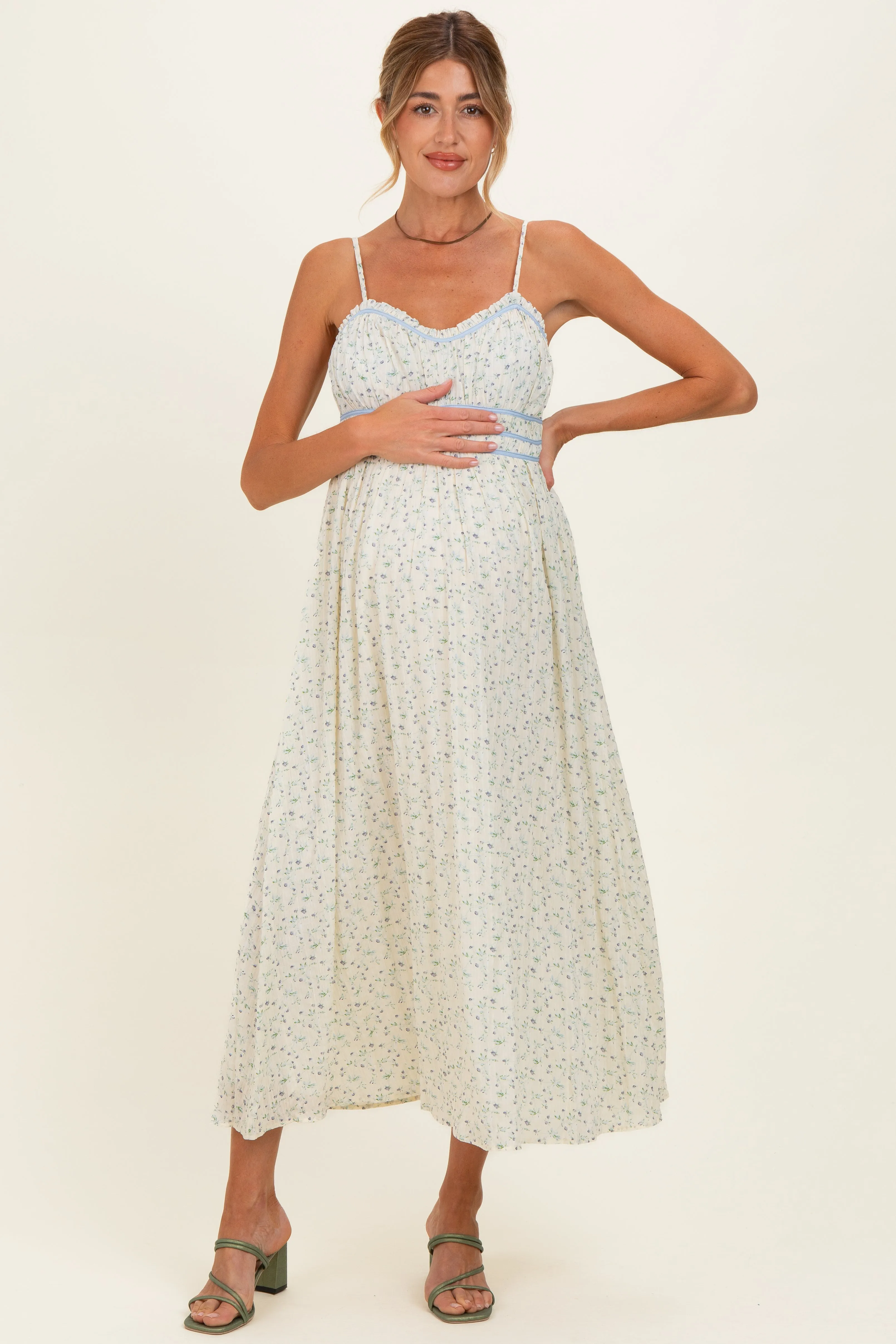 Cream Floral Contrast Trim Sleeveless Maternity Maxi Dress sold by Pinkblush product image thumbnail 2