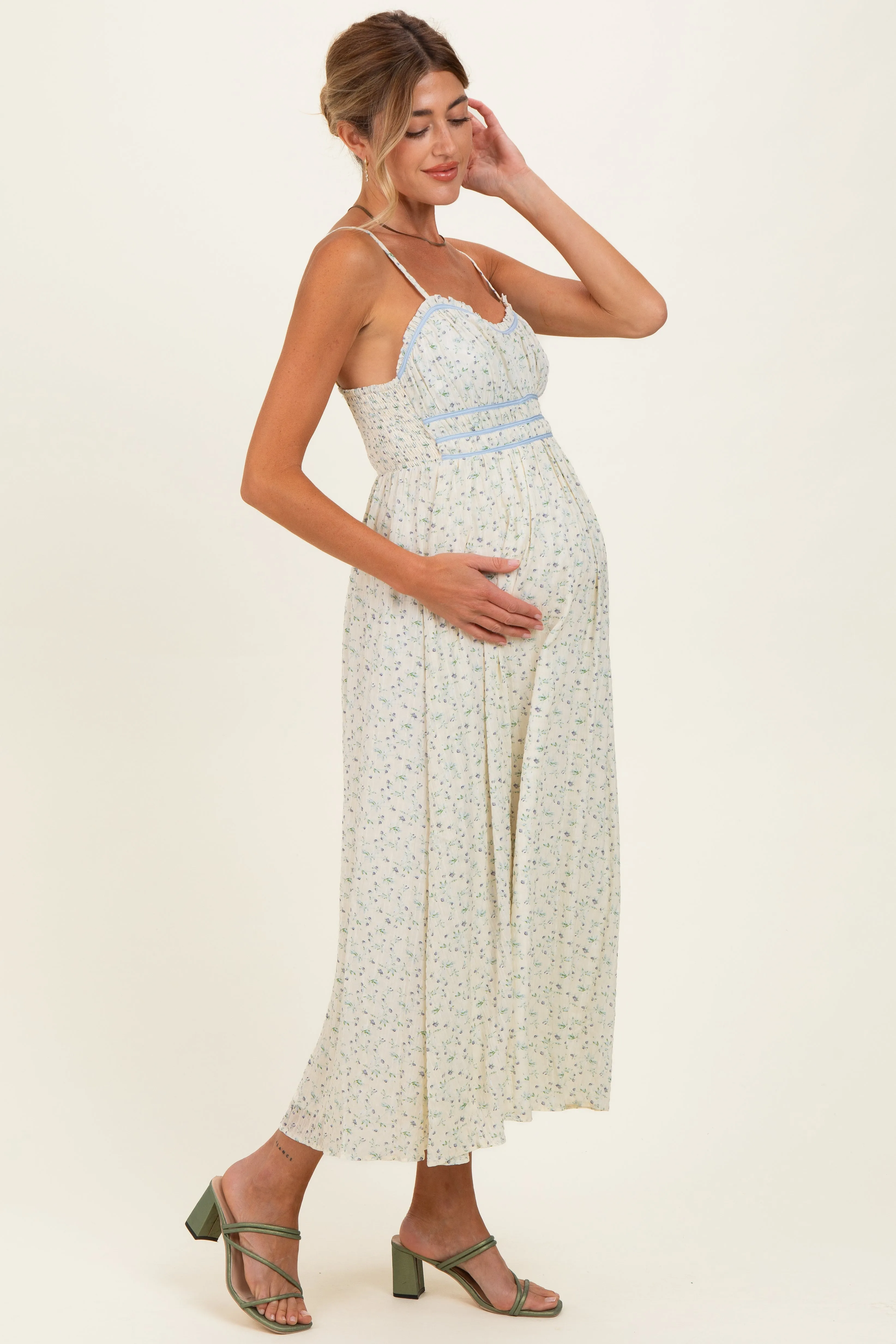 Cream Floral Contrast Trim Sleeveless Maternity Maxi Dress sold by Pinkblush product image thumbnail 3