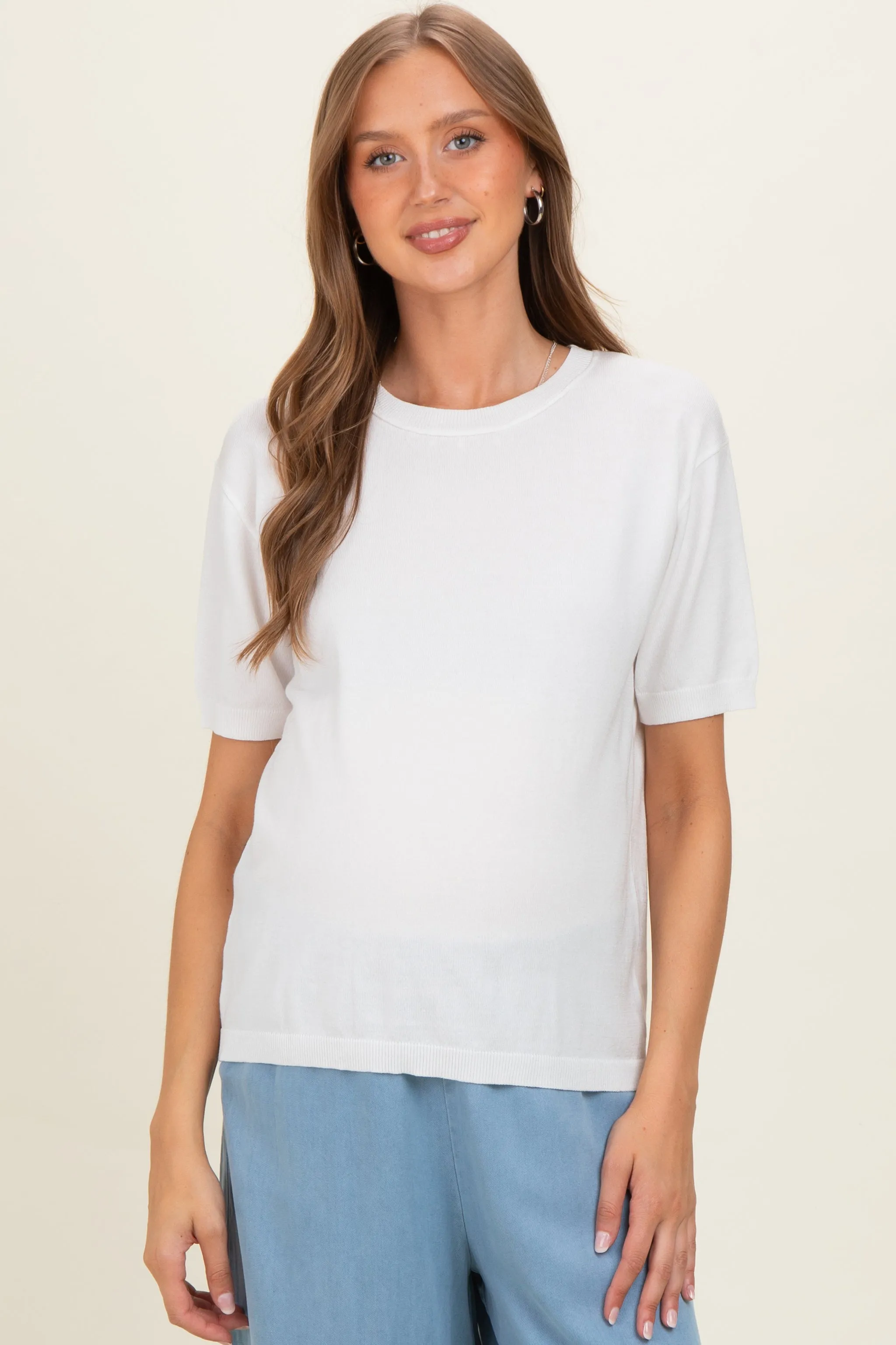 White Crew Neck Solid Maternity Sweater sold by Pinkblush product image thumbnail 2