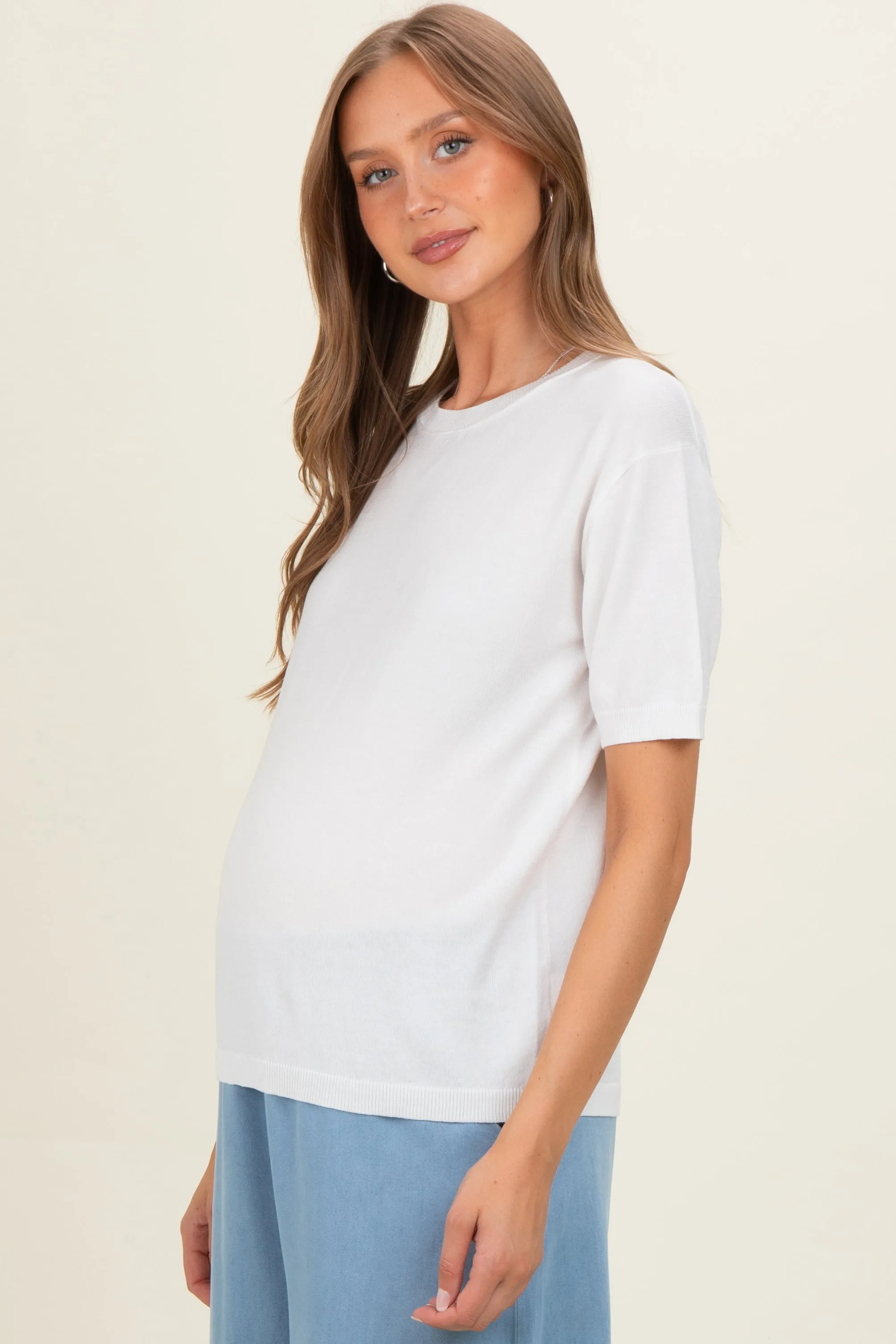 White Crew Neck Solid Maternity Sweater sold by Pinkblush product image thumbnail 3