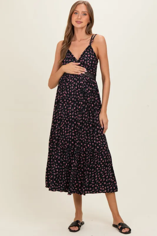 Black Floral Lace Detail Strappy Maternity Maxi Dress made by Angie